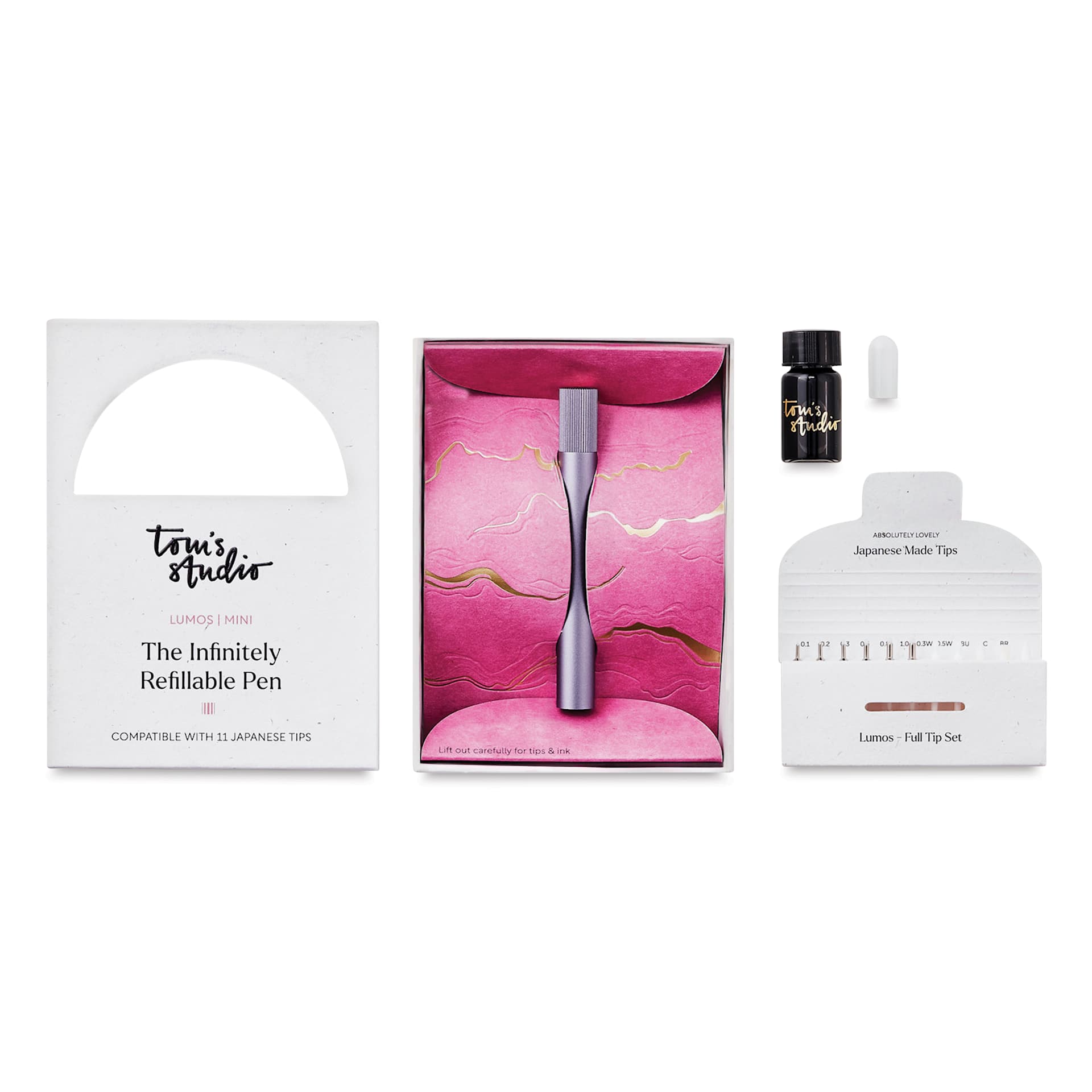Tom's Studio Lumos Mini Refillable Pen - Lilac, packaging and contents