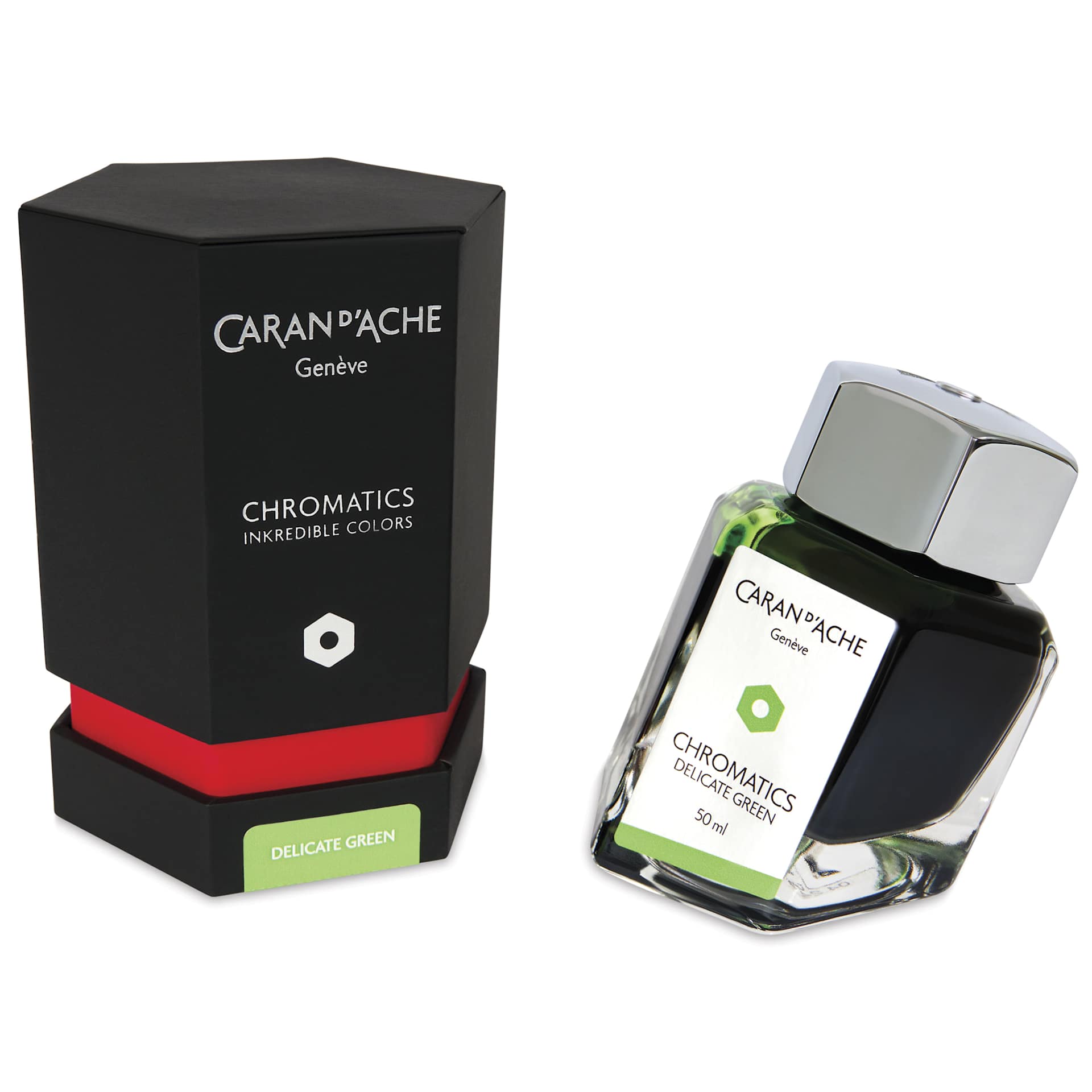 Caran d'Ache Chromatics Ink - Delicate Green, 50 ml Jar, jar next to packaging