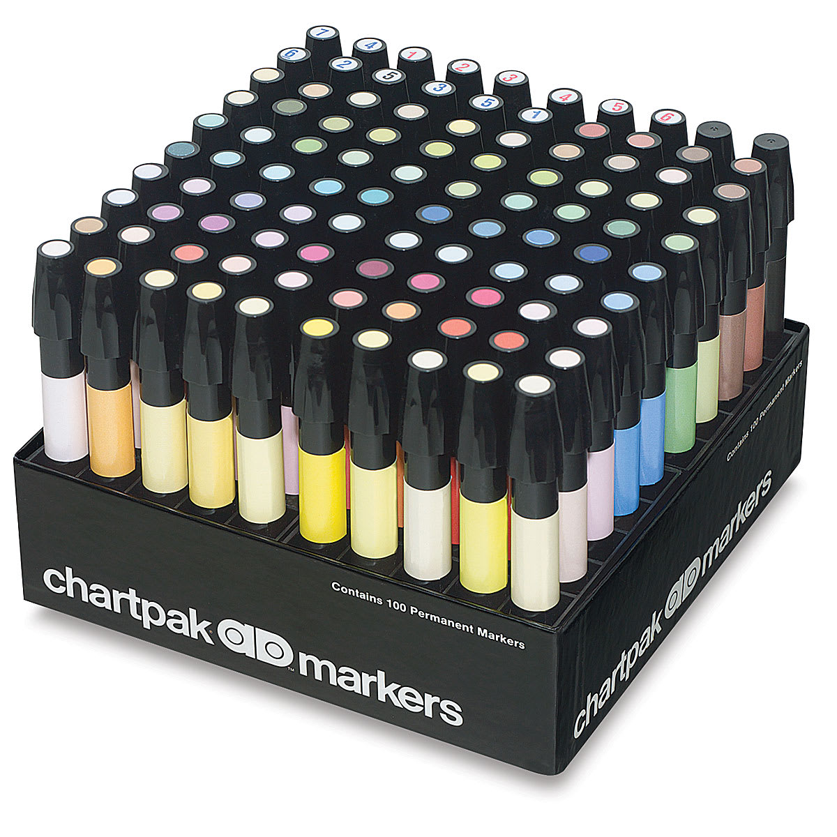 Chartpak Ad Marker Sets - Set of 100 Assorted colors shown in standup storage box