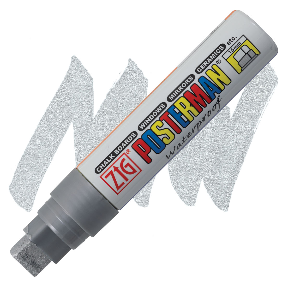Zig Posterman Paint Marker - 15 mm, Metallic Silver, Big & Broad marker and swatch