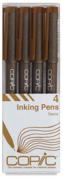 Set of 4 Pens, Fine Nib, Sepia