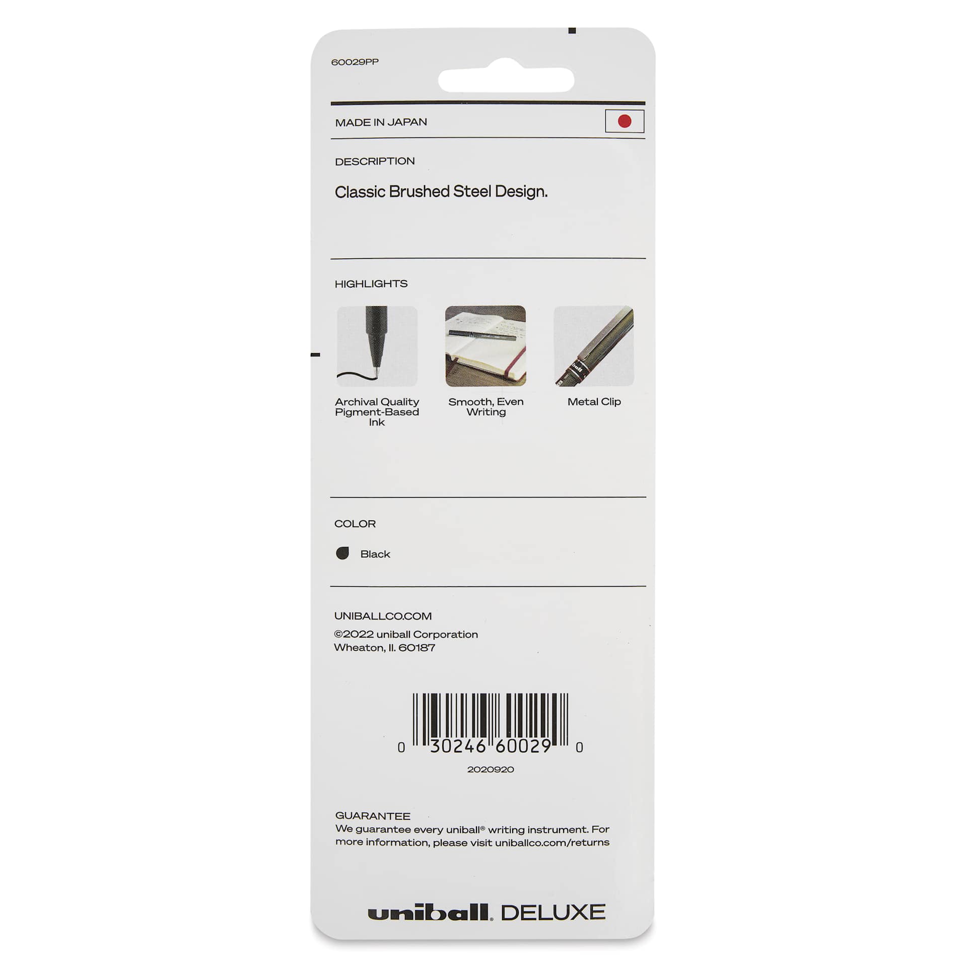 Uni-Ball Deluxe Rollerball Pens - Gunmetal, Micro Tip, 0.5 mm, Set of 3, back of the packaging