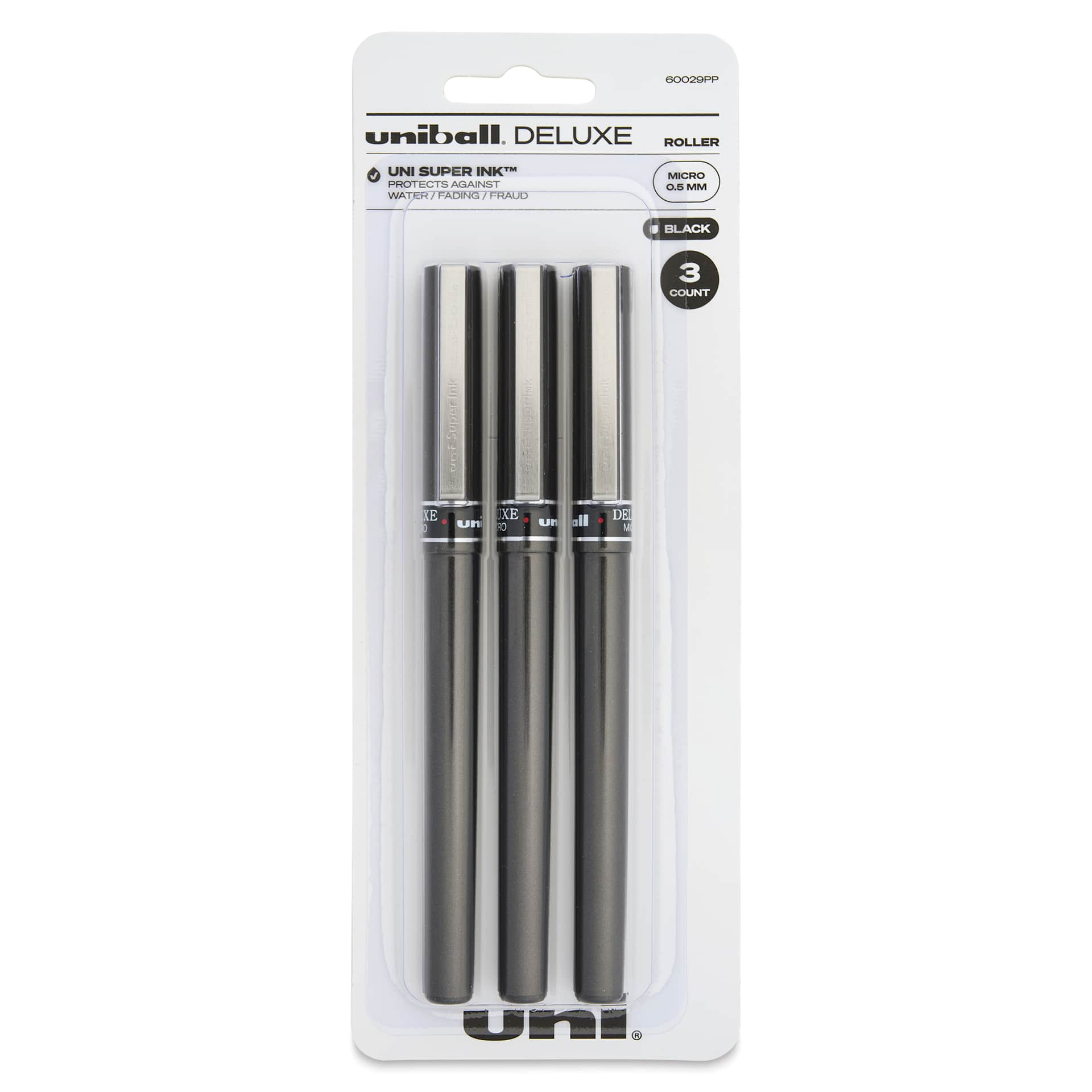 Uni-Ball Deluxe Rollerball Pens - Gunmetal, Micro Tip, 0.5 mm, Set of 3, front of the packaging
