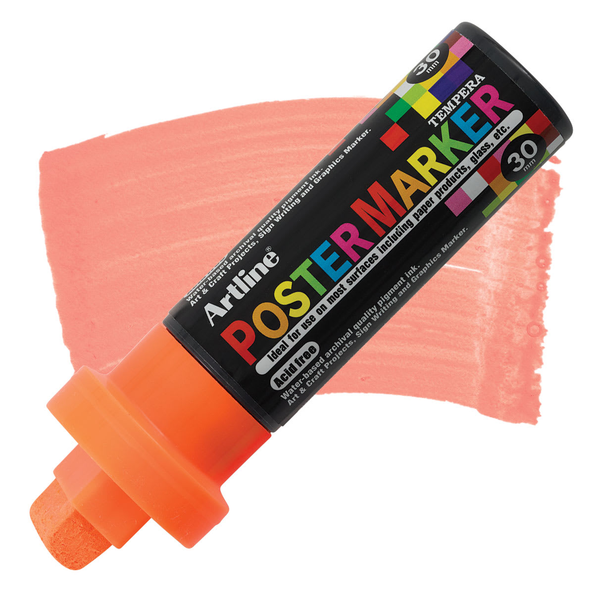Artline Poster Markers - 30 mm Tip, Fluorescent Orange marker and swatch