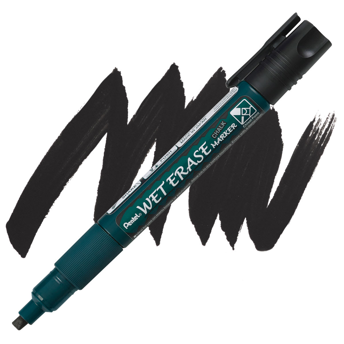 Pentel Wet Erase Chalk Markers - Chisel Point, Black marker and swatch