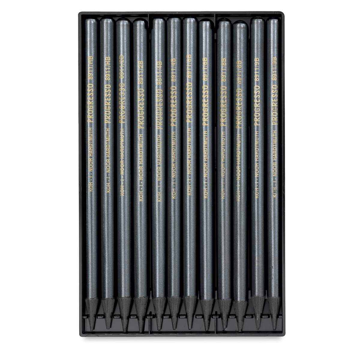 Koh-I-Noor Progresso woodless graphite pencils in a 12-piece set spanning HB to 8B, shown in their package tray