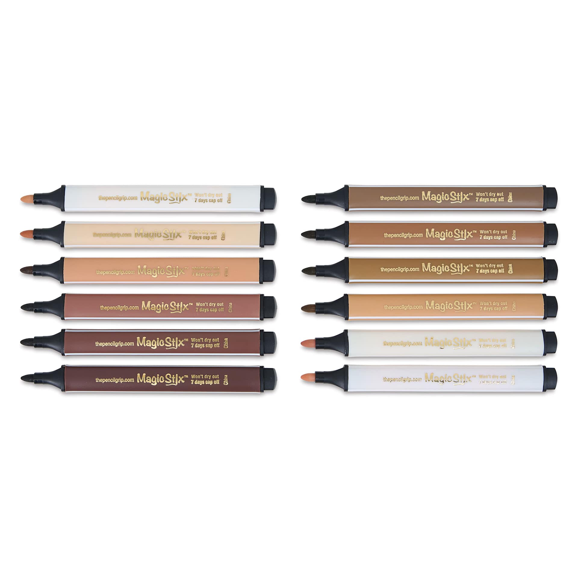 Magic Stix Triangular Markers - Set of 12, Global Skin Tones, markers with caps off