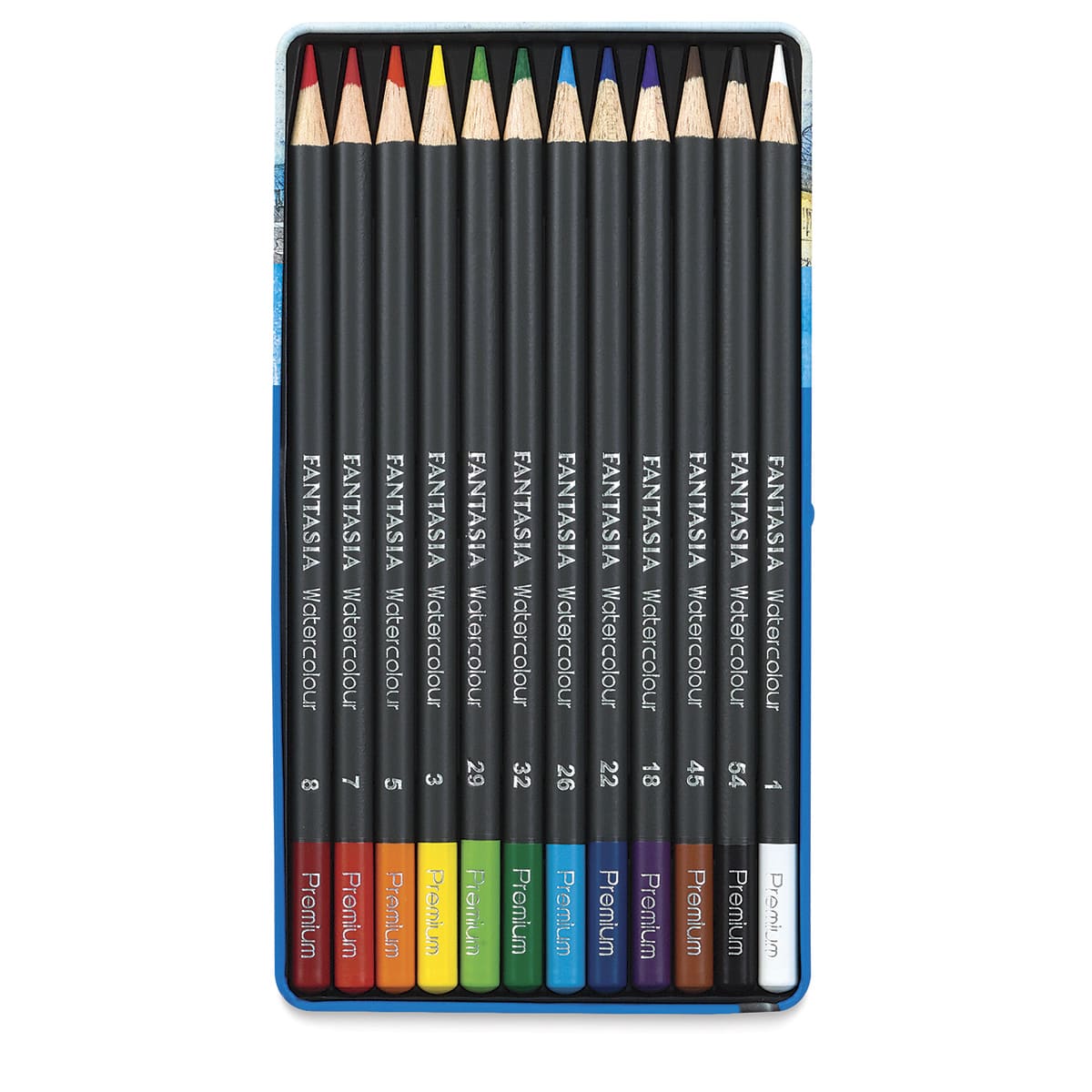 Fantasia Watercolor Pencils - 12 Watercolor pencils shown in open storage tray