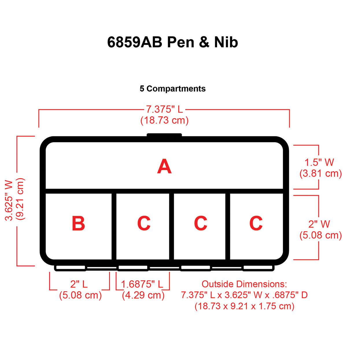 ArtBin Pen and Nib Box -Illustration of box showing dimensions