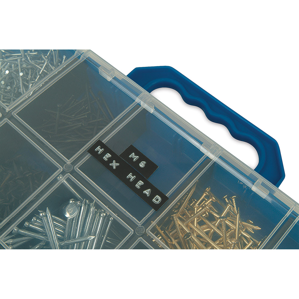 Dymo Xpress Embossing Label Maker - Label on Nail Storage box
