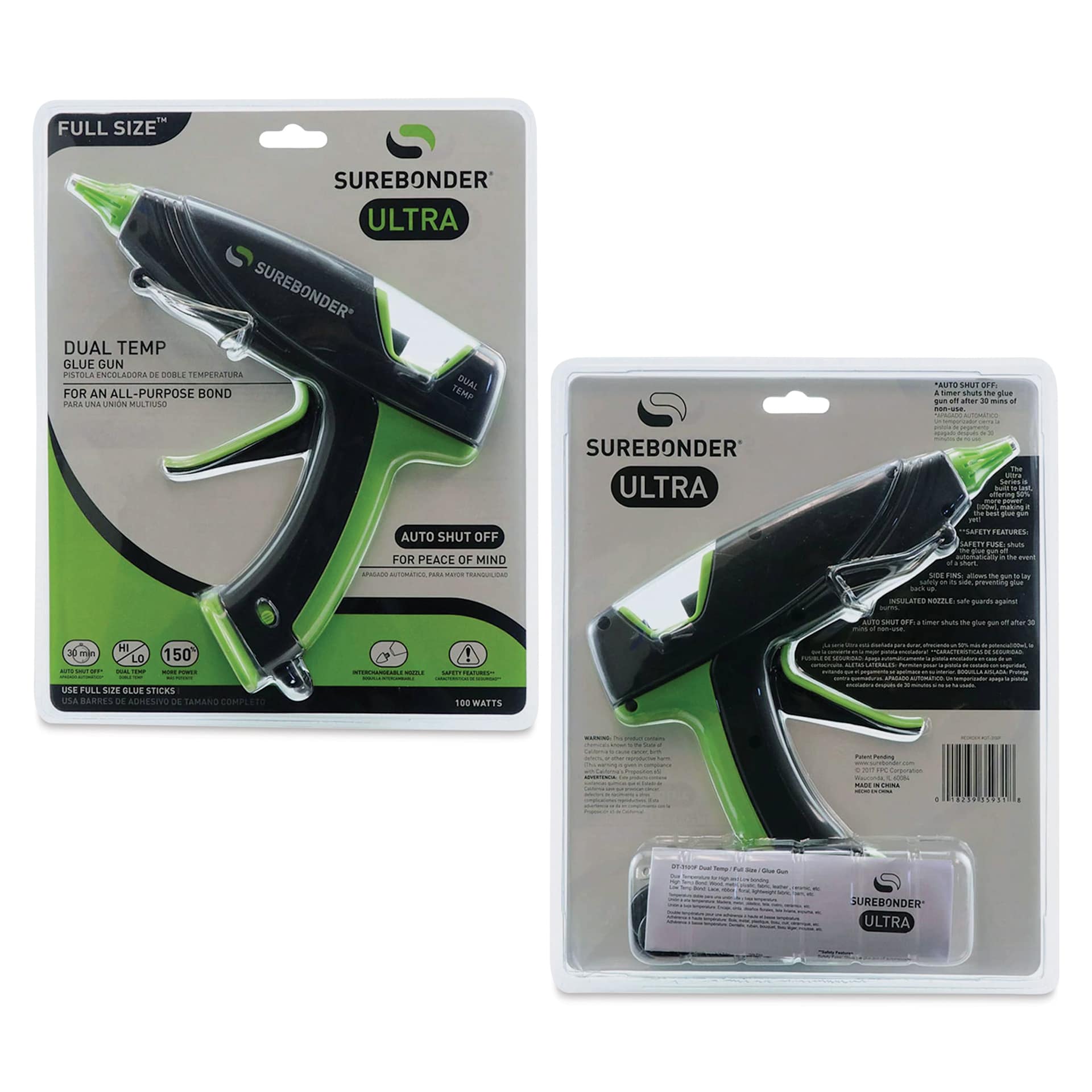 Surebonder Ultra Series Dual Temp Glue Gun - 100 Watt, front and back of the packaging