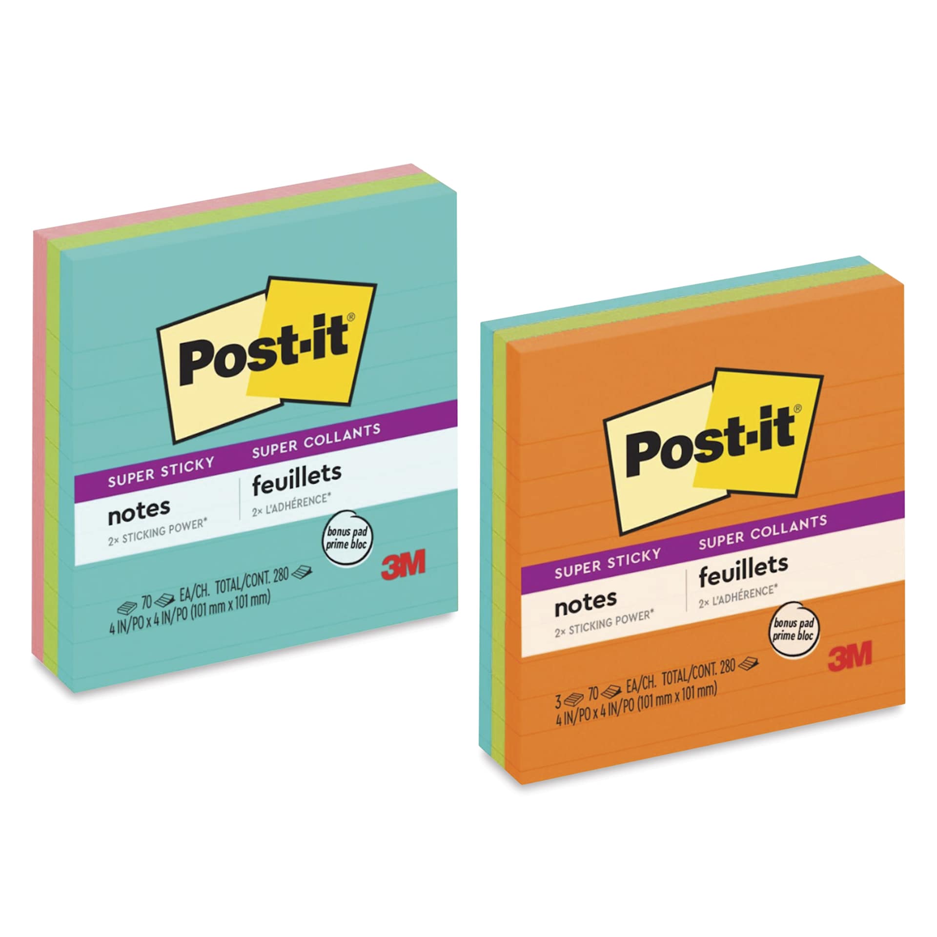Post-it Super Sticky Notes - Pkg of 3, Supernova Neon Colors, 4" x 4" is available in two color options.  Please let us choose.