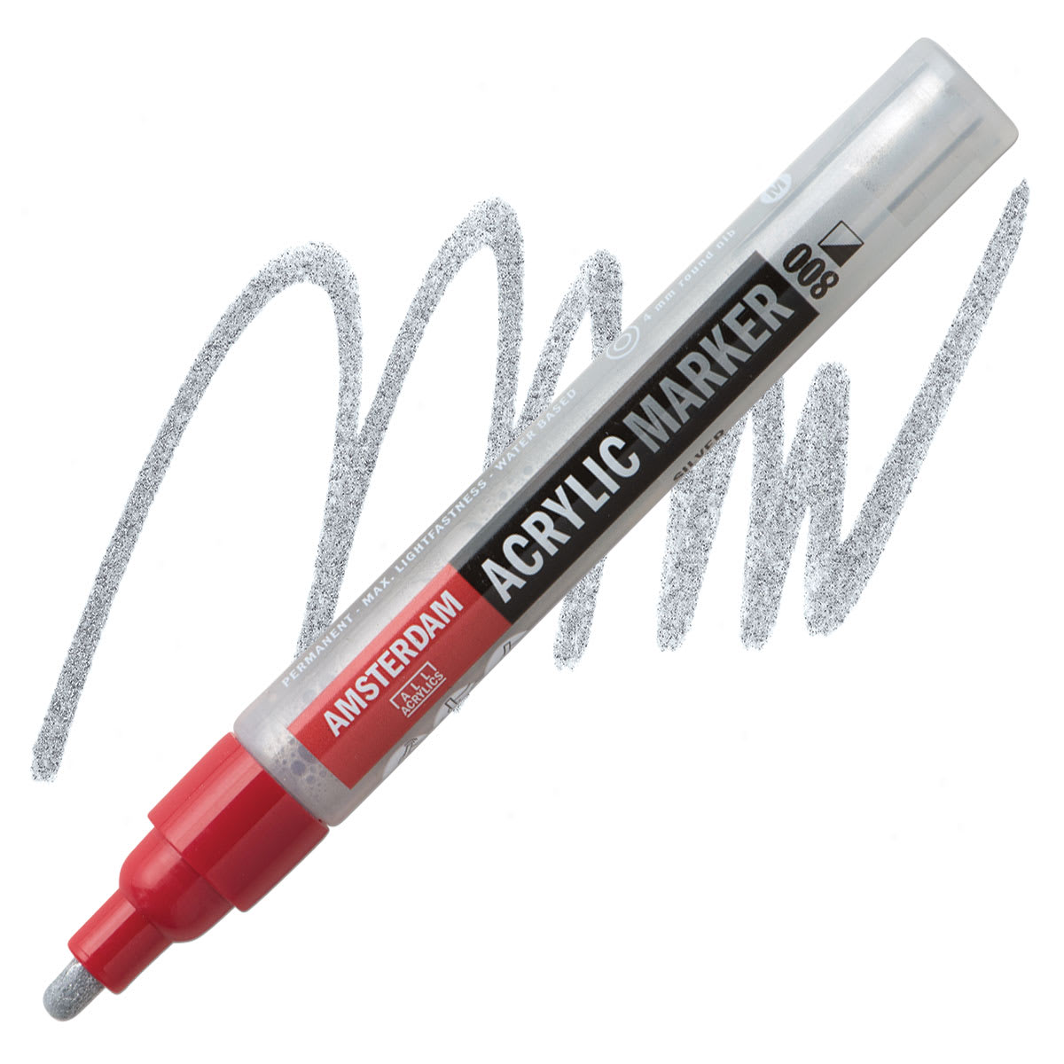 Amsterdam Acrylic Marker - Silver, 4 mm marker and swatch