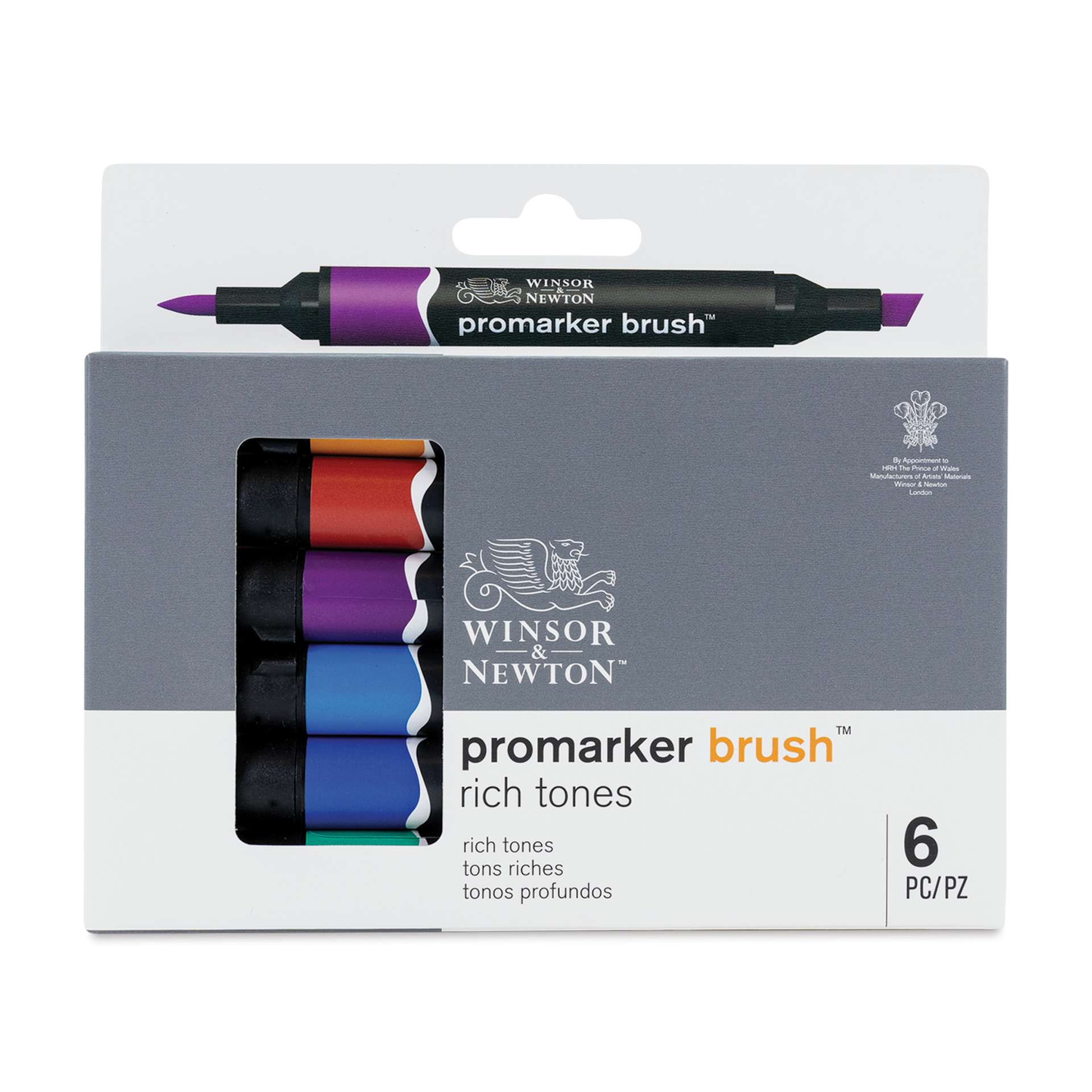Winsor & Newton Promarker Brush Markers - Rich Tones, Set of 6, front of the packaging