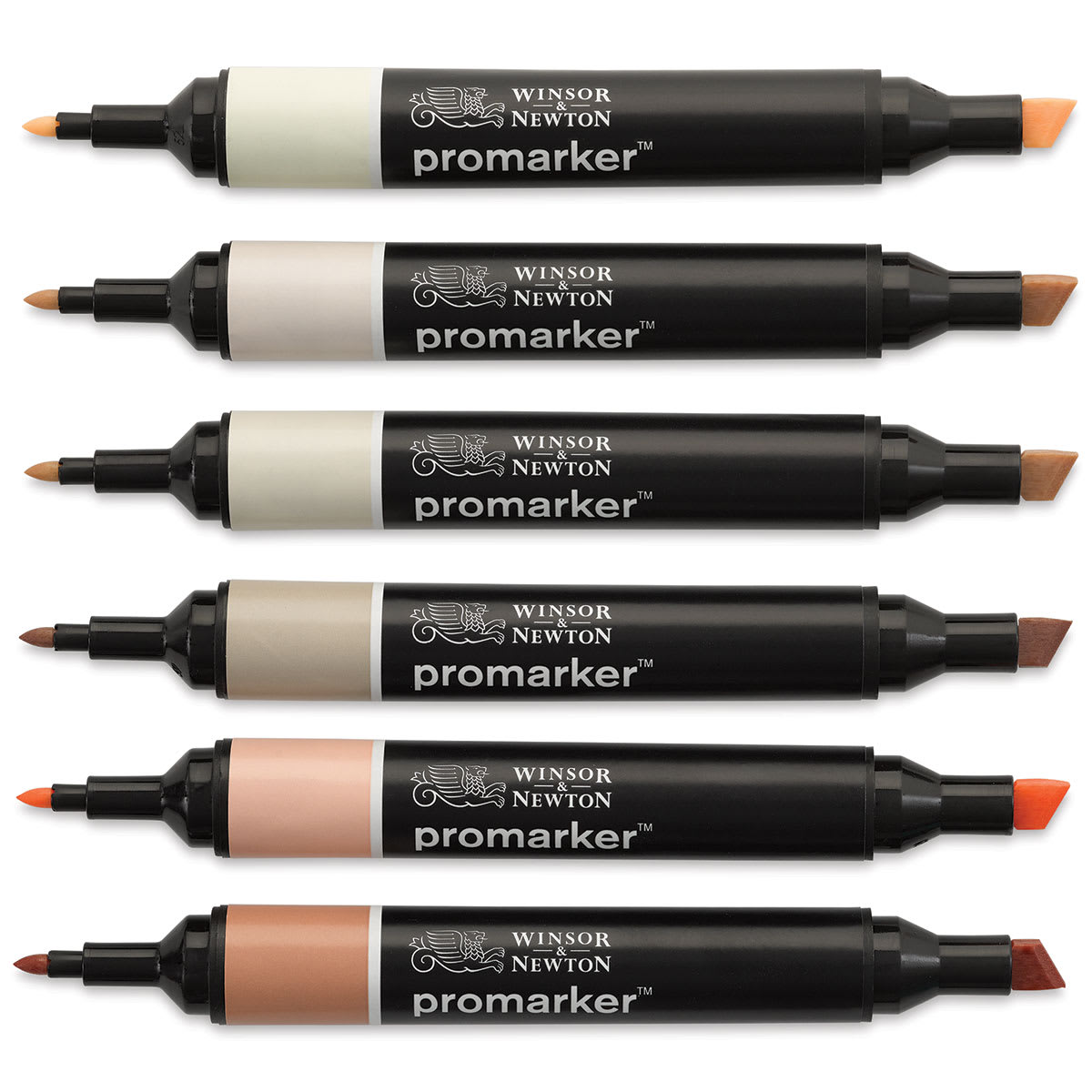 Winsor & Newton Promarker - Skin Tones 1, Set of 6, laid out with caps off