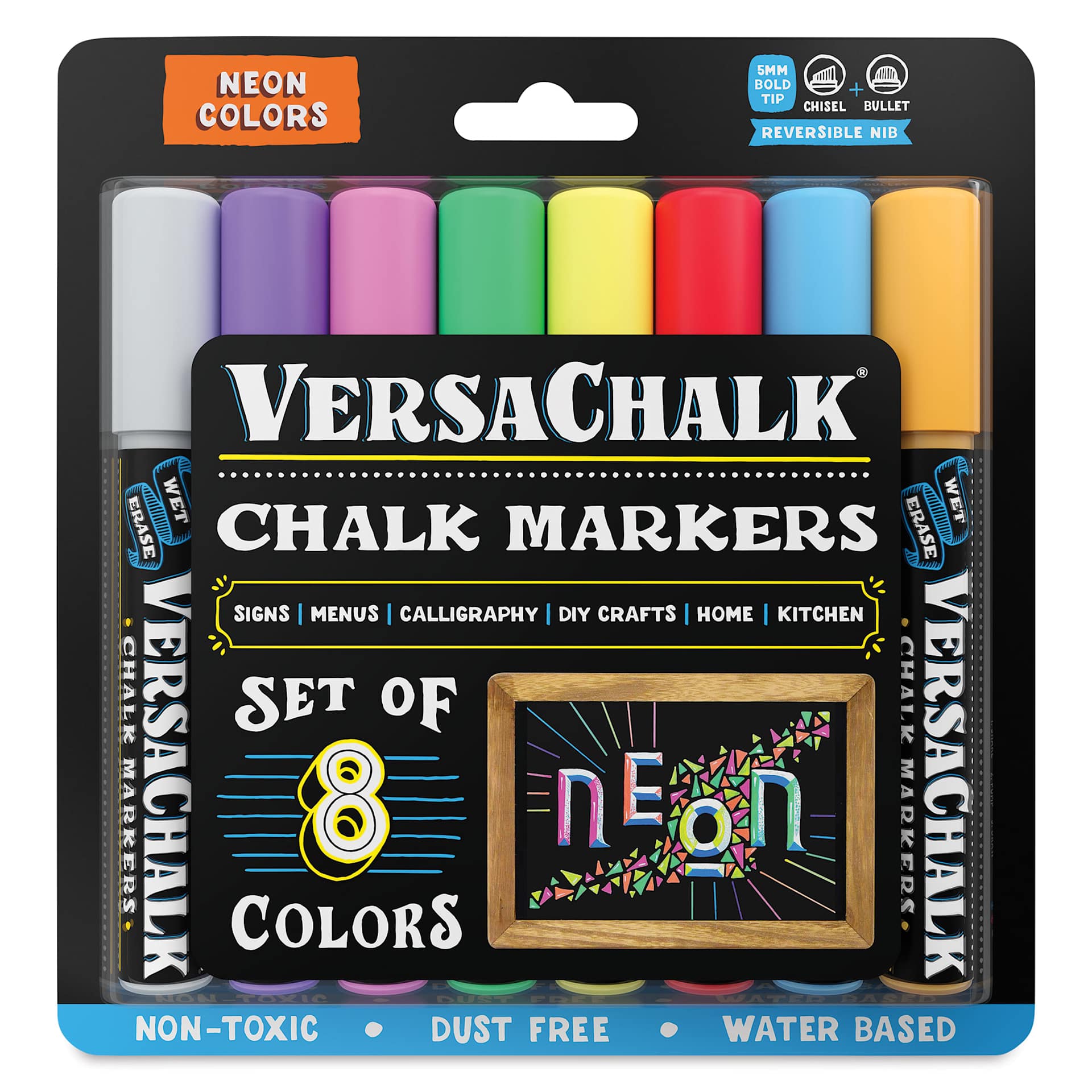 VersaChalk Wet Erase Liquid Chalk Markers - Set of 8, Neon Colors, Bold Tip, front of packaging
