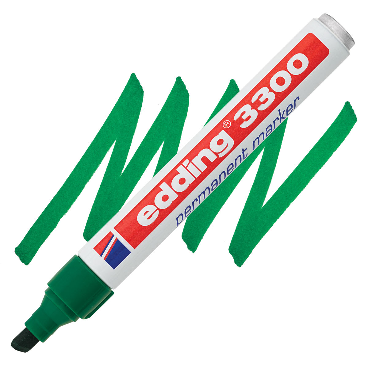 Edding Permanent Marker - Green, 3300, Chisel Nib, 1-5 mm marker and swatch