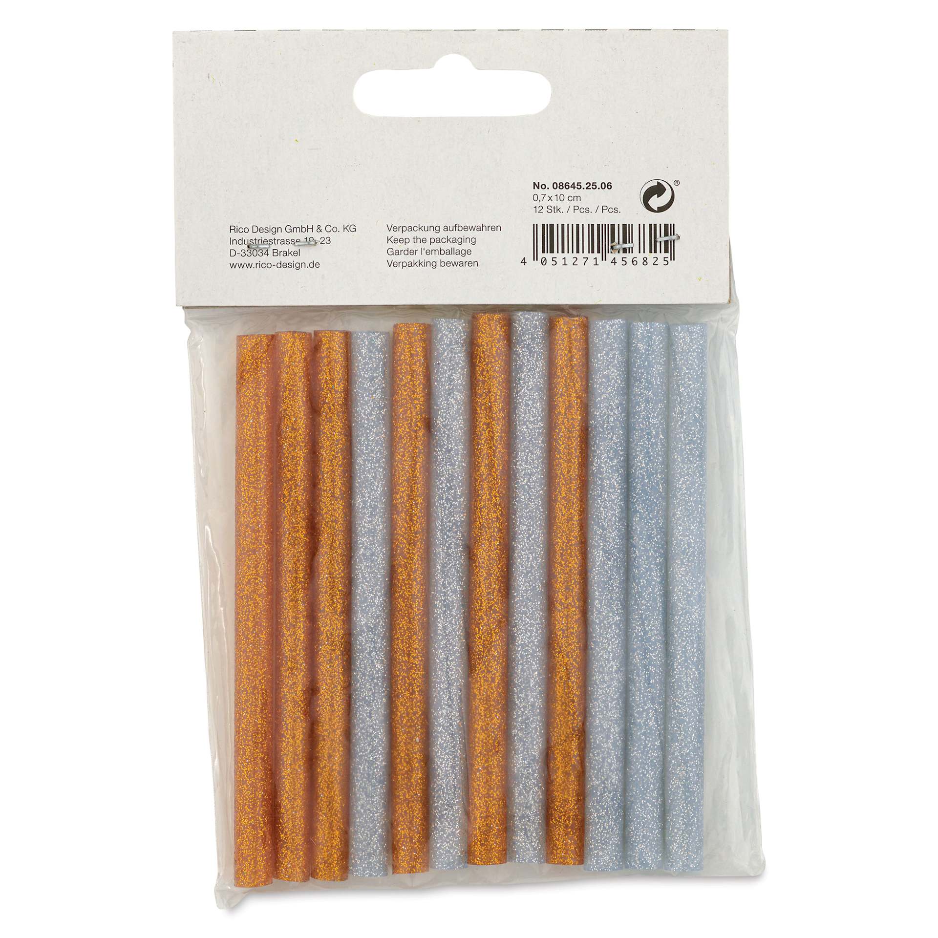 Rico Design Glitter Hot Glue Sticks - Silver and Gold, Set of 12 - back of packaging
