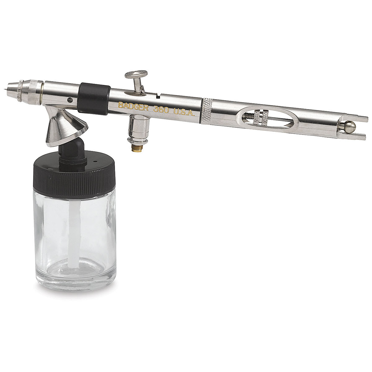 Badger Universal 360 Double Action Airbrush - Side view with siphon feed bottle