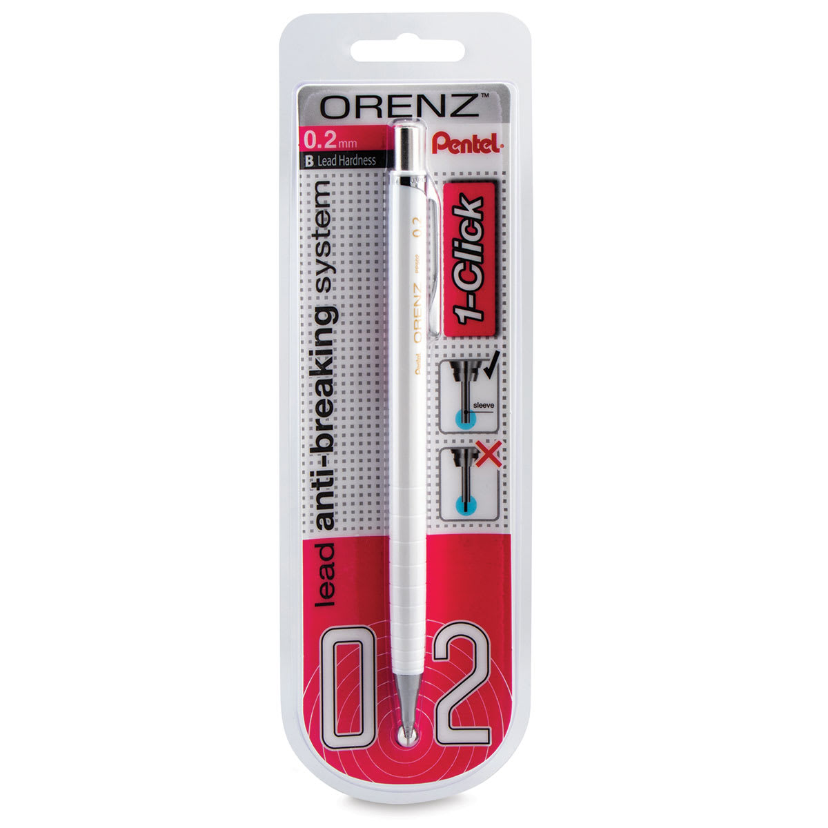 Pentel Orenz 1-Click Mechanical Pencil - White, 0.2mm (front of package)