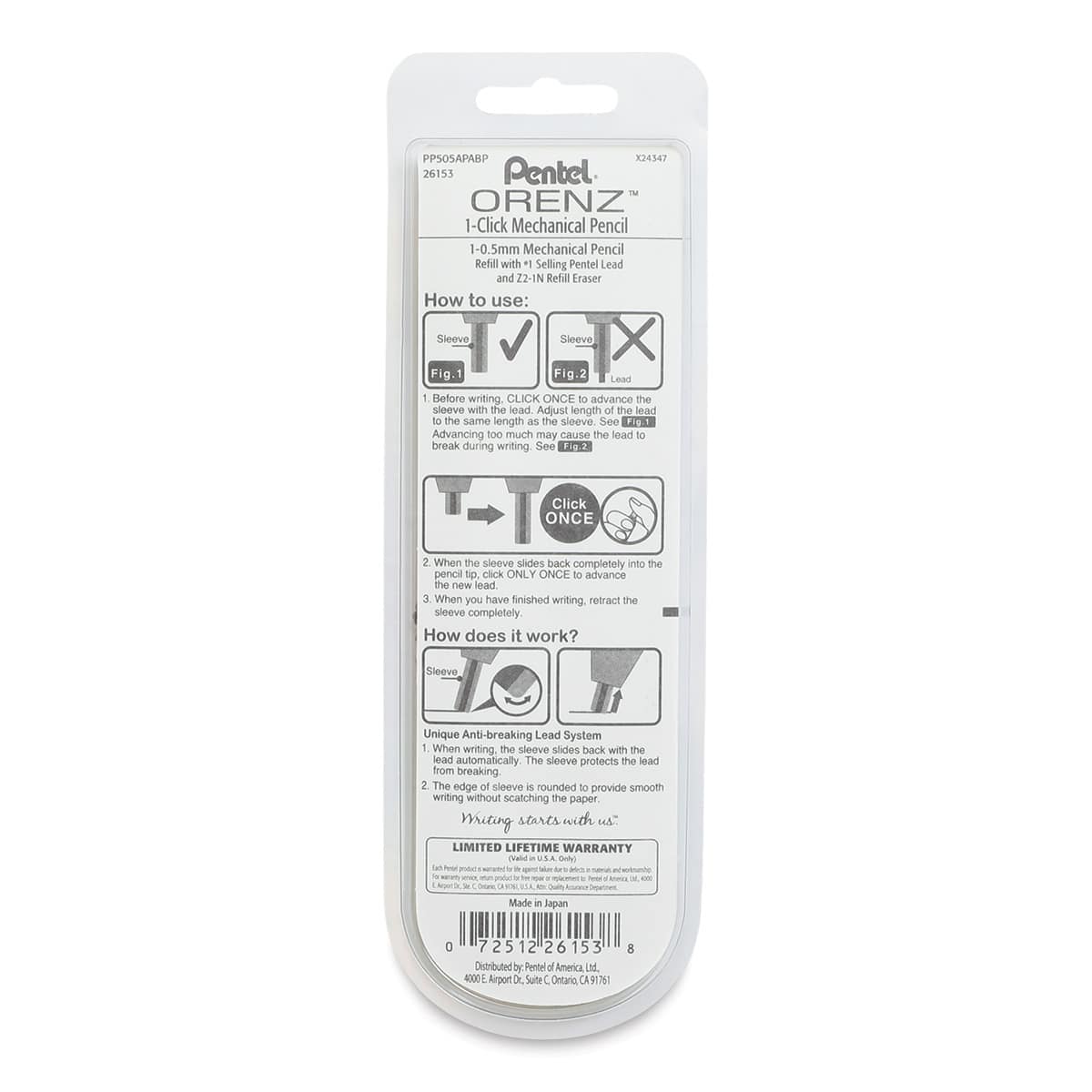Pentel Orenz 1-Click Mechanical Pencil - Black, 0.5mm (back of package)