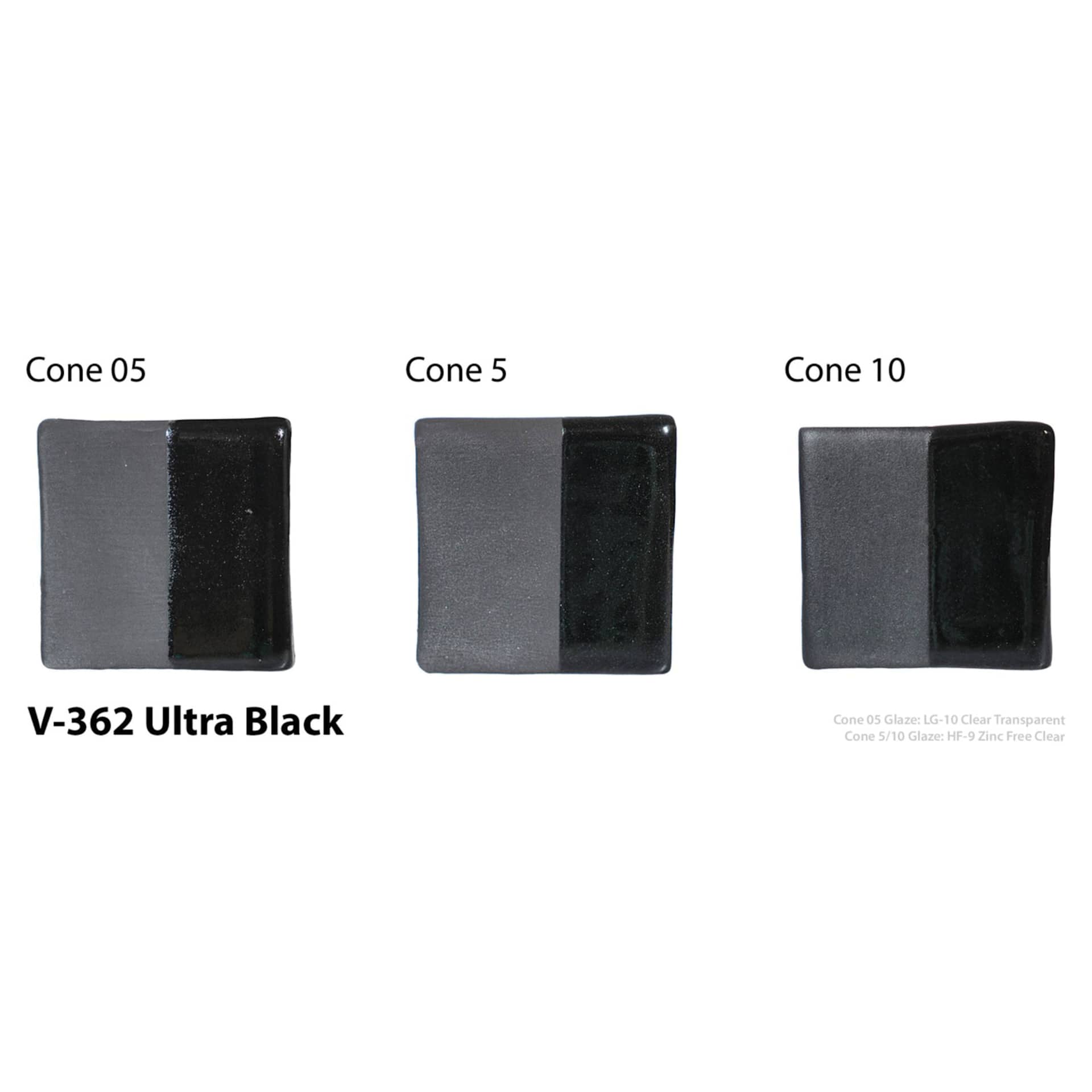 Amaco Lead-Free Velvet Underglaze - Ultra Black cone 05, cone 5, and cone 10 comparison