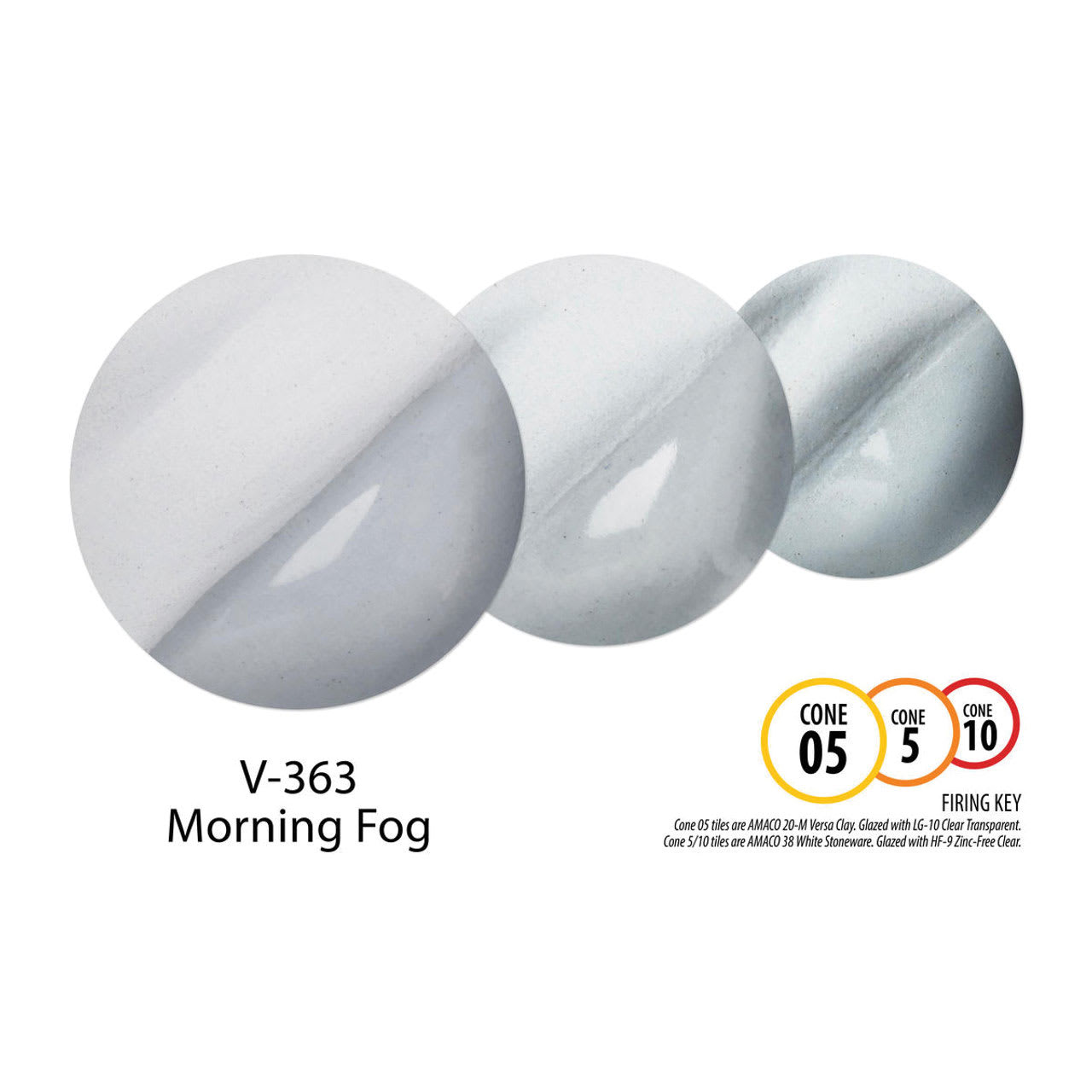 Amaco Lead-Free Velvet Underglaze - Morning Fog cone 05, cone 5, and cone 10 comparison