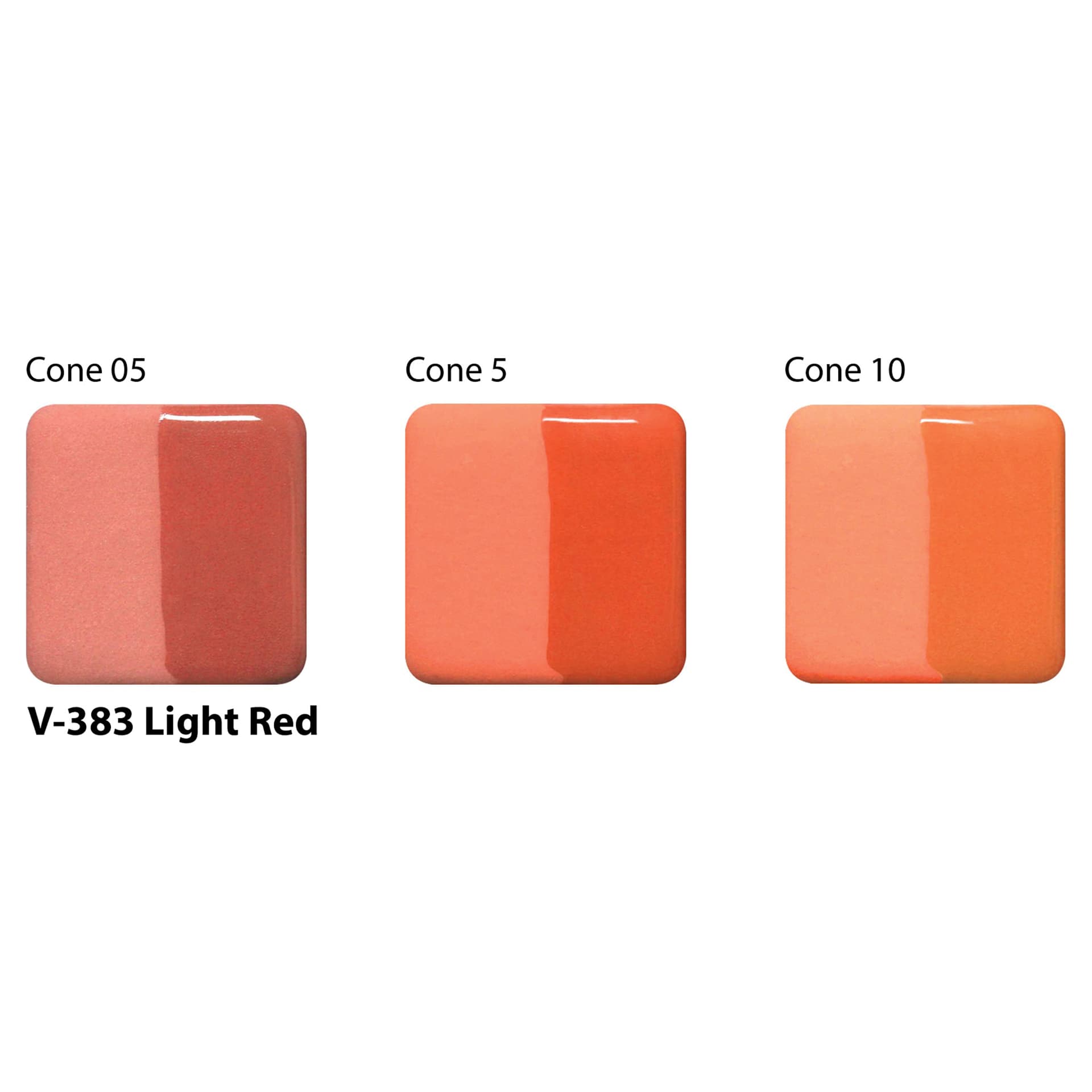 Amaco Lead-Free Velvet Underglaze - Light Red cone 05, cone 5, and cone 10 comparison