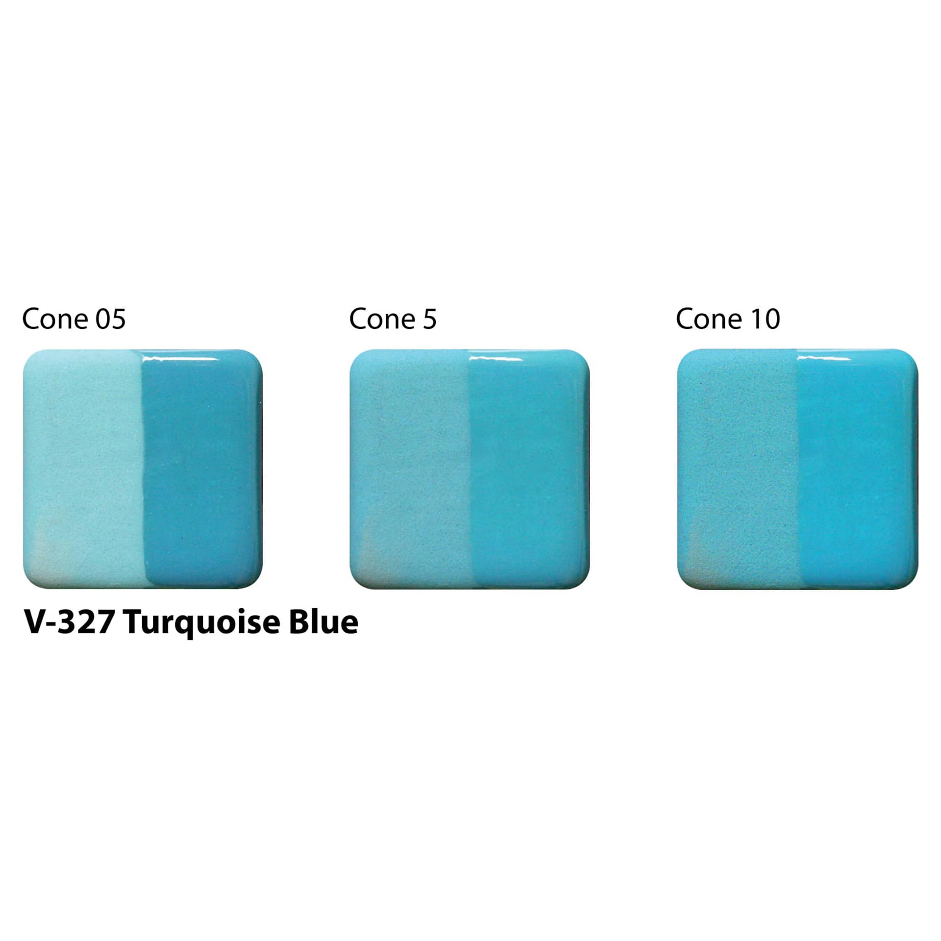 Amaco Lead-Free Velvet Underglaze - Turquoise Blue cone 05, cone 5, and cone 10 comparison
