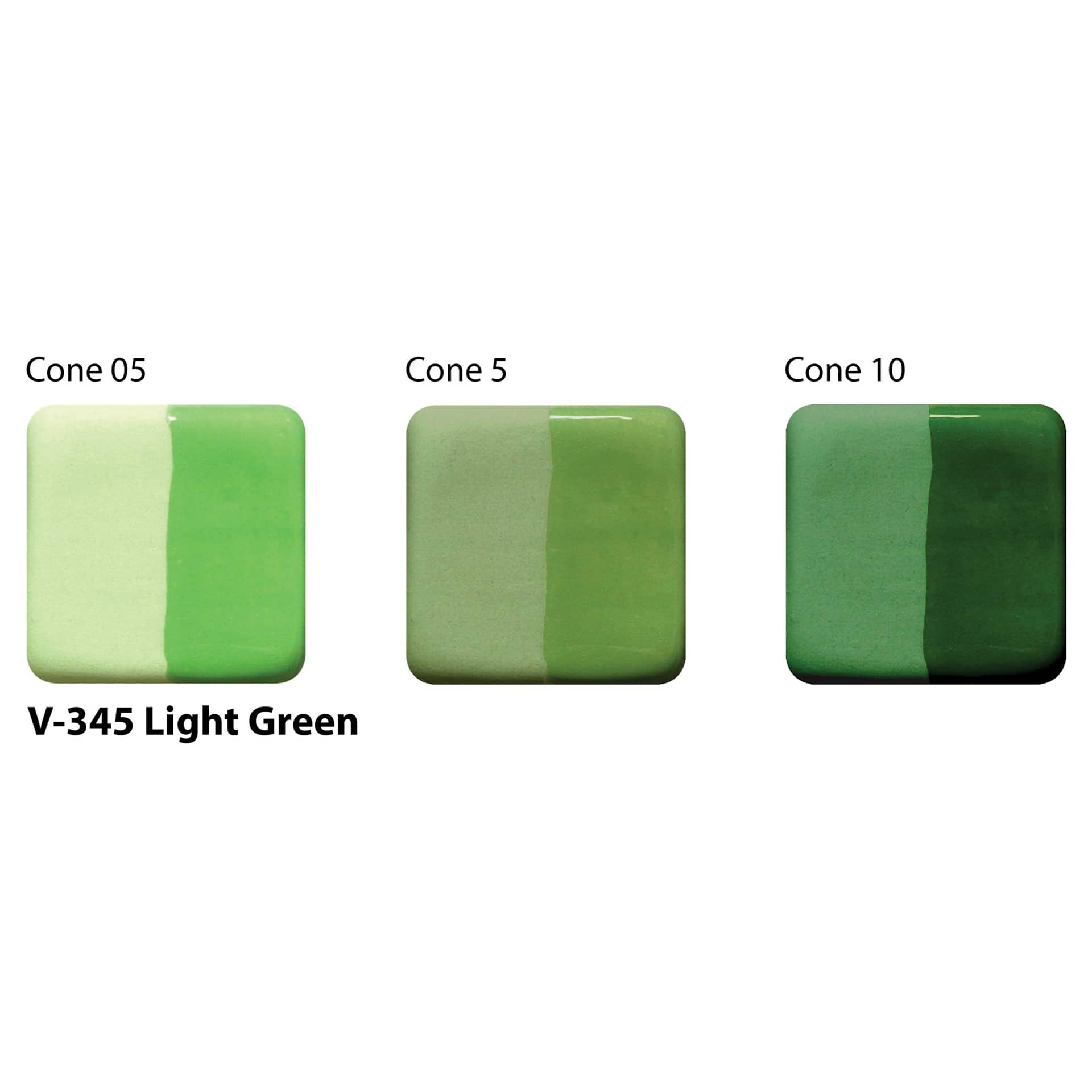Amaco Lead-Free Velvet Underglaze - Light Green cone 05, cone 5, and cone 10 comparison