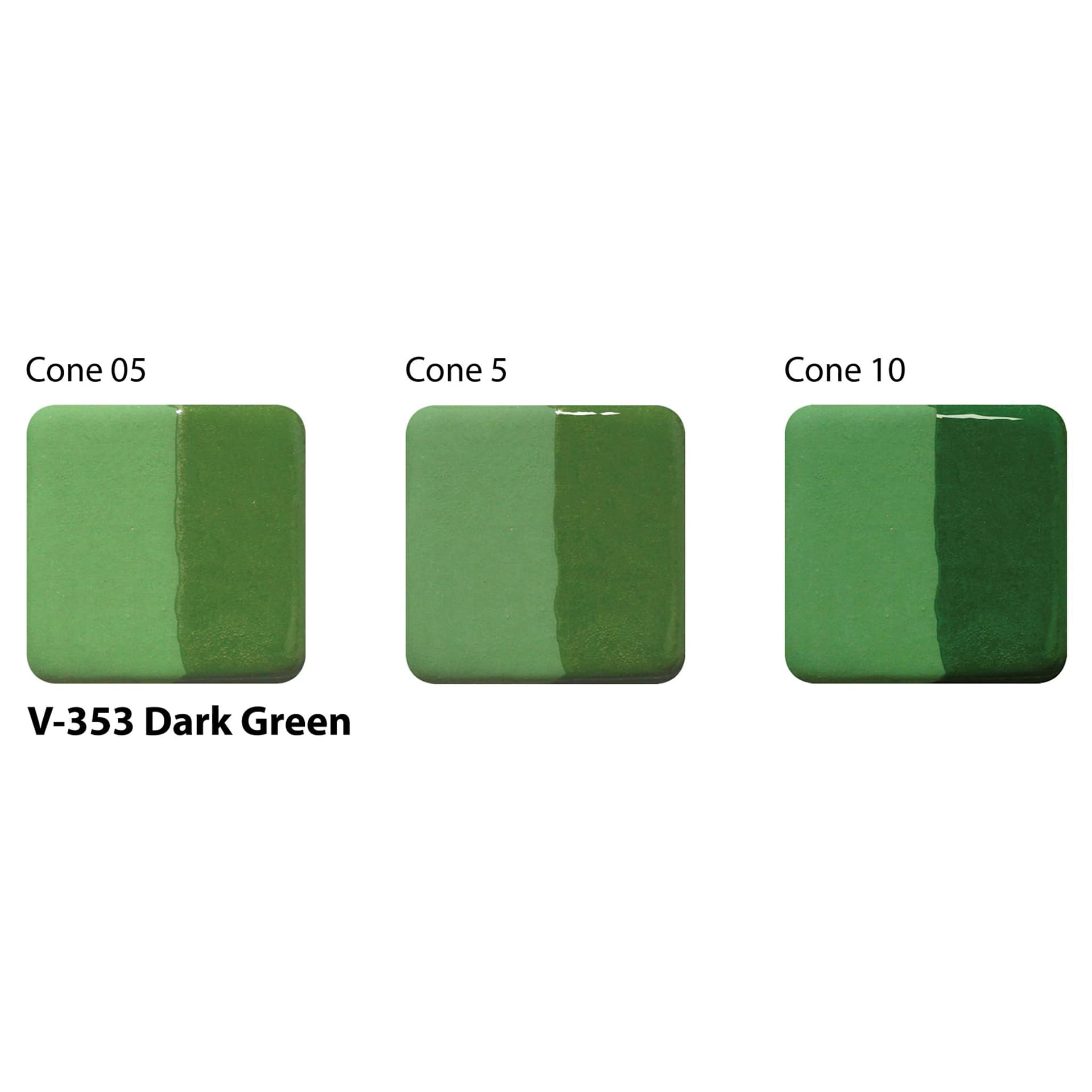 Amaco Lead-Free Velvet Underglaze - Dark Green cone 05, cone 5, and cone 10 comparison