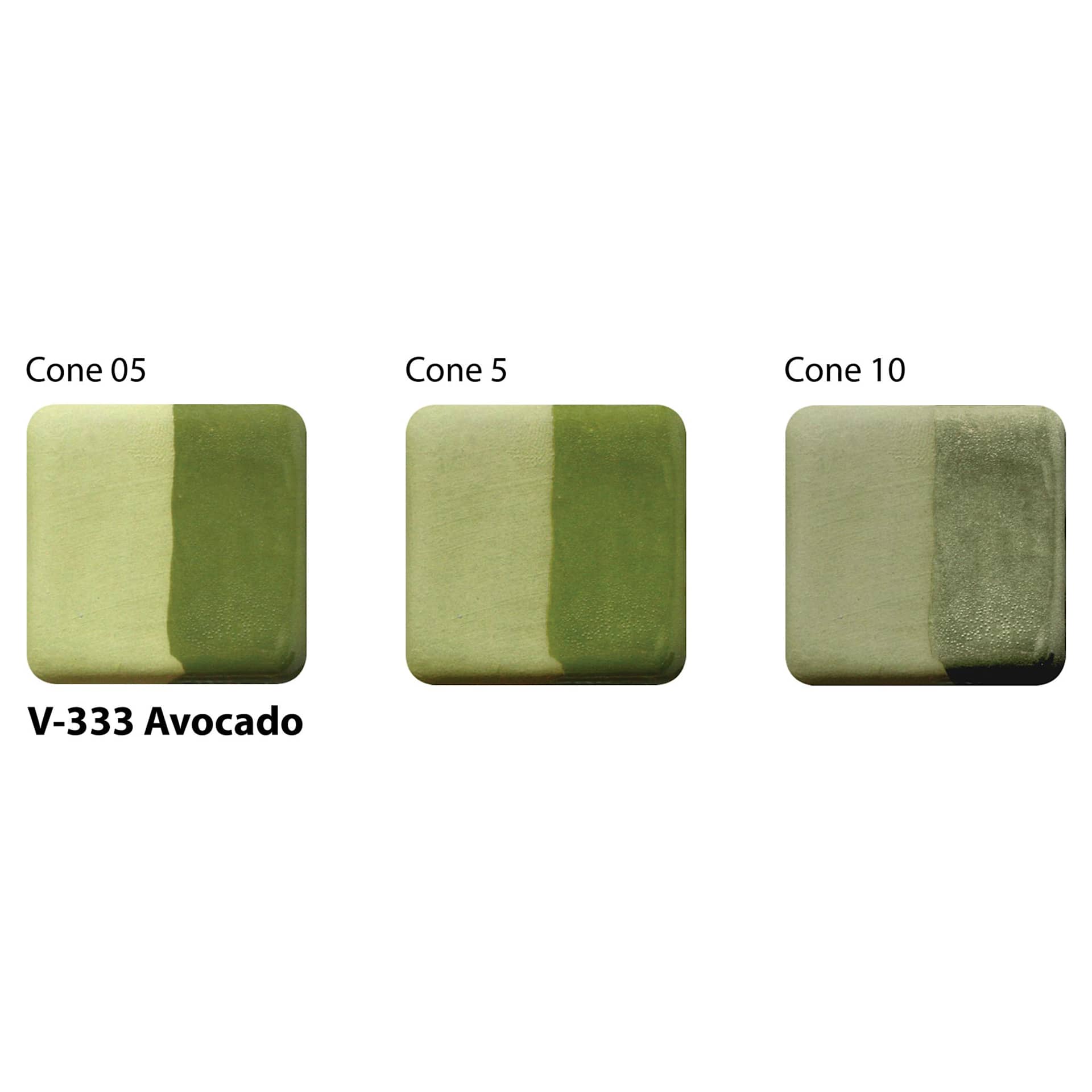 Amaco Lead-Free Velvet Underglaze - Avocado, 2 oz cone 05, cone 5, and cone 10 comparison