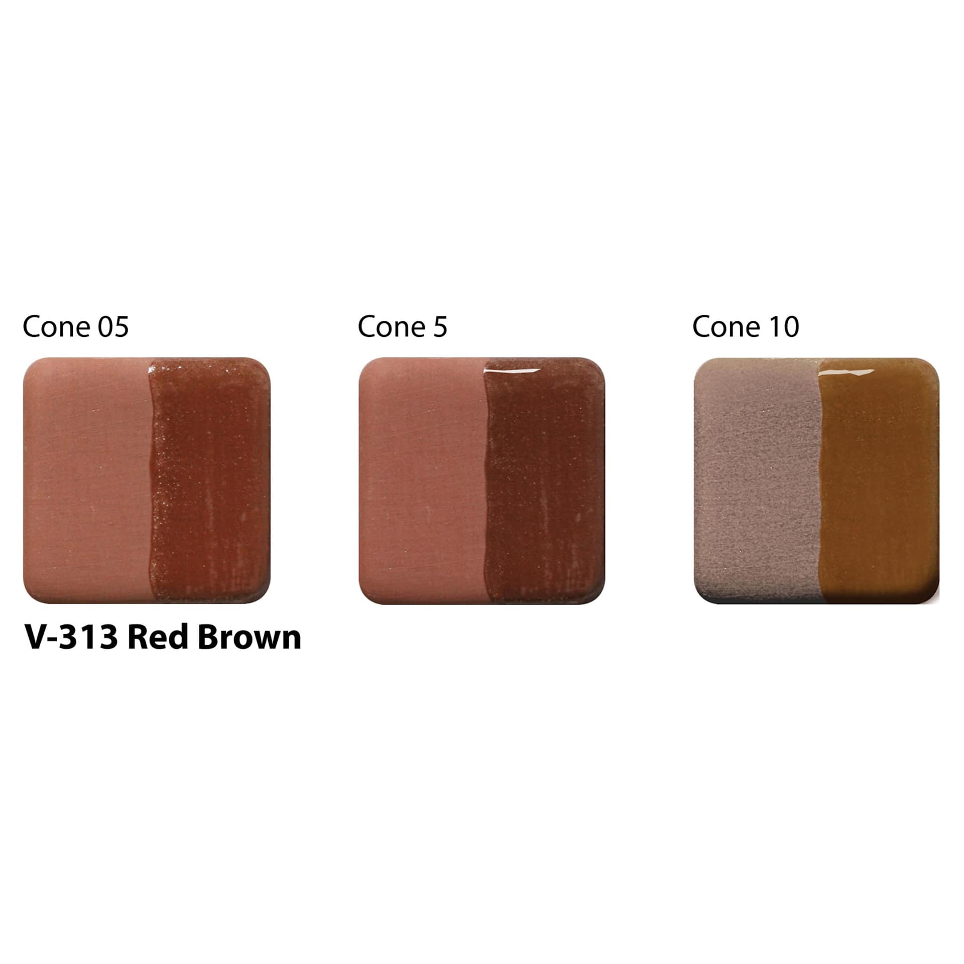 Amaco Lead-Free Velvet Underglaze - Red Brown cone 05, cone 5, and cone 10 comparison