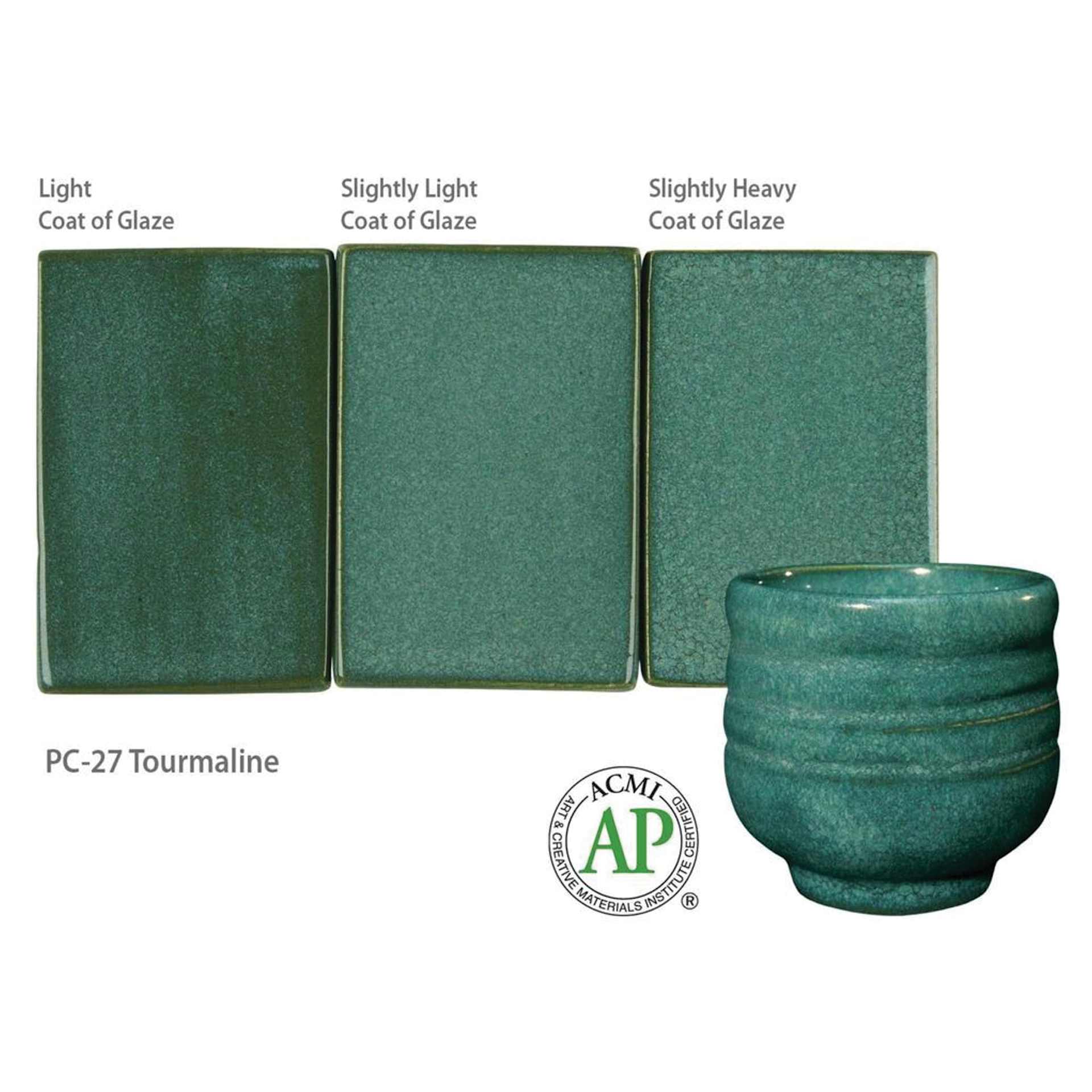 Tourmaline Amaco Potter's Choice Glaze - Light coat of glaze; Slightly light coat of glaze; and Slightly heavy coat of glaze.