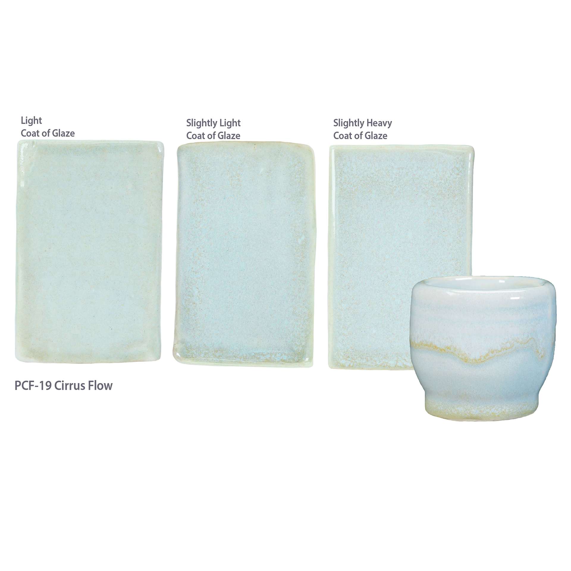 Light Coat of Glaze. Slightly Light Coat of Glaze. Slightly Heavy Coat of Glaze. PCF-19 Cirrus Flow.