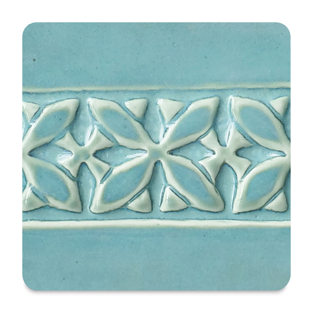 Amaco Potter's Choice Glaze - Gallon, Blue Lagoon. Color sample in blue with cream outlines.