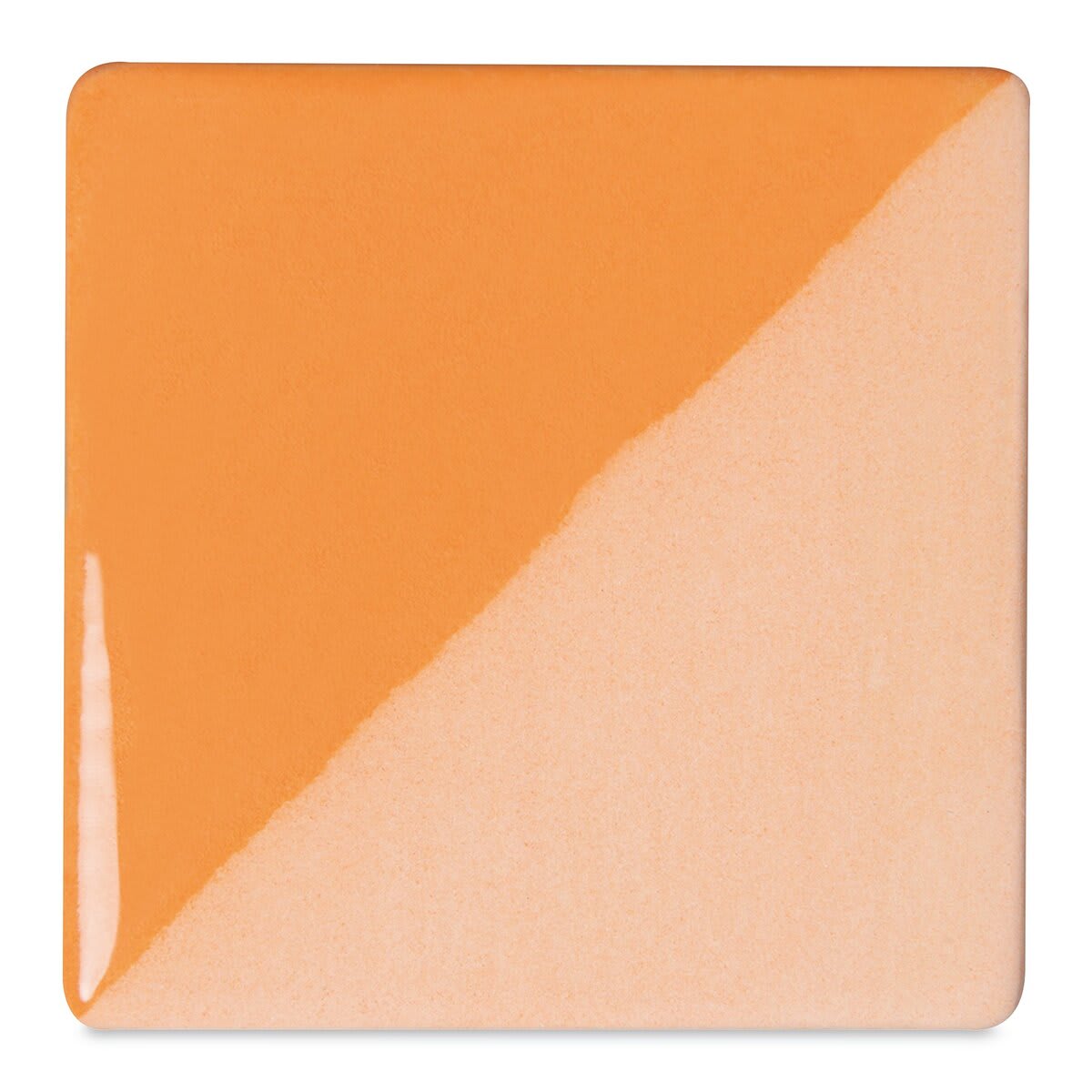 Speedball Ceramic Underglaze - Peach, Opaque, fired on white clay bisque tiles, half covered in Speedball Clear Glaze, fired to cone 05