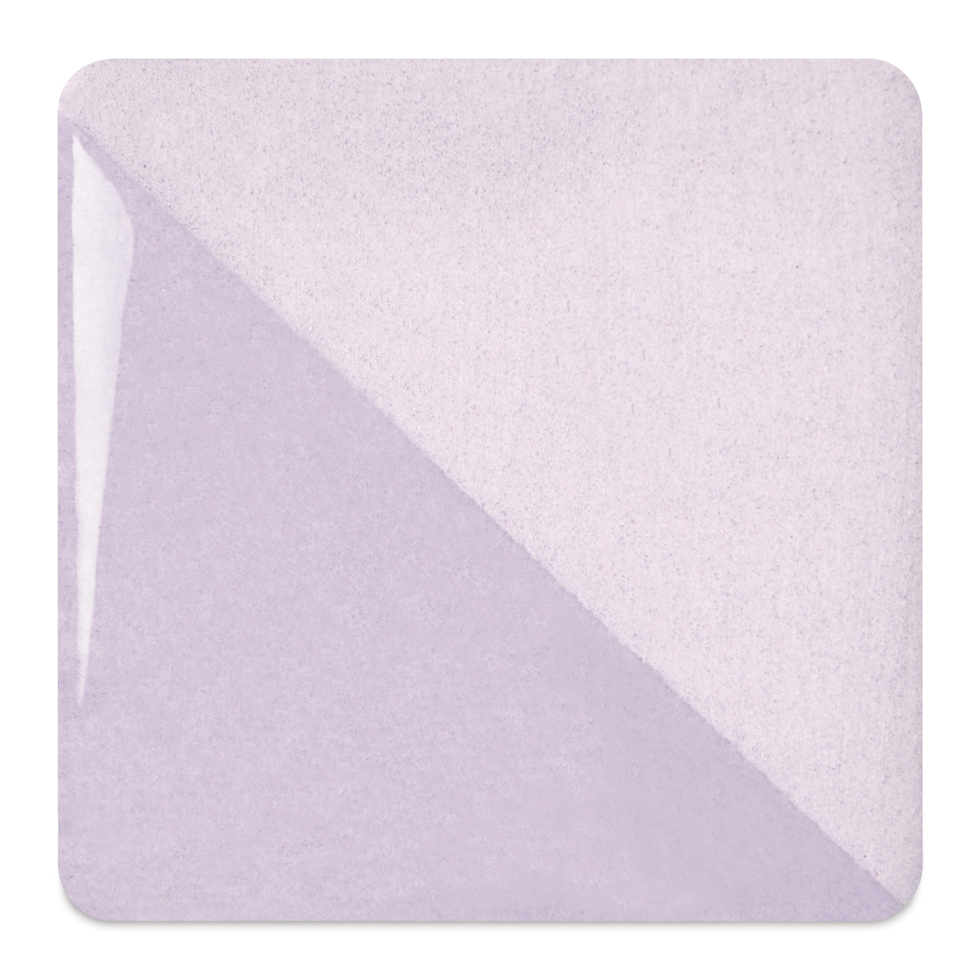 Speedball Ceramic Underglaze - Lilac, fired on white clay bisque tiles, half covered in Speedball Clear Glaze, fired to cone 05