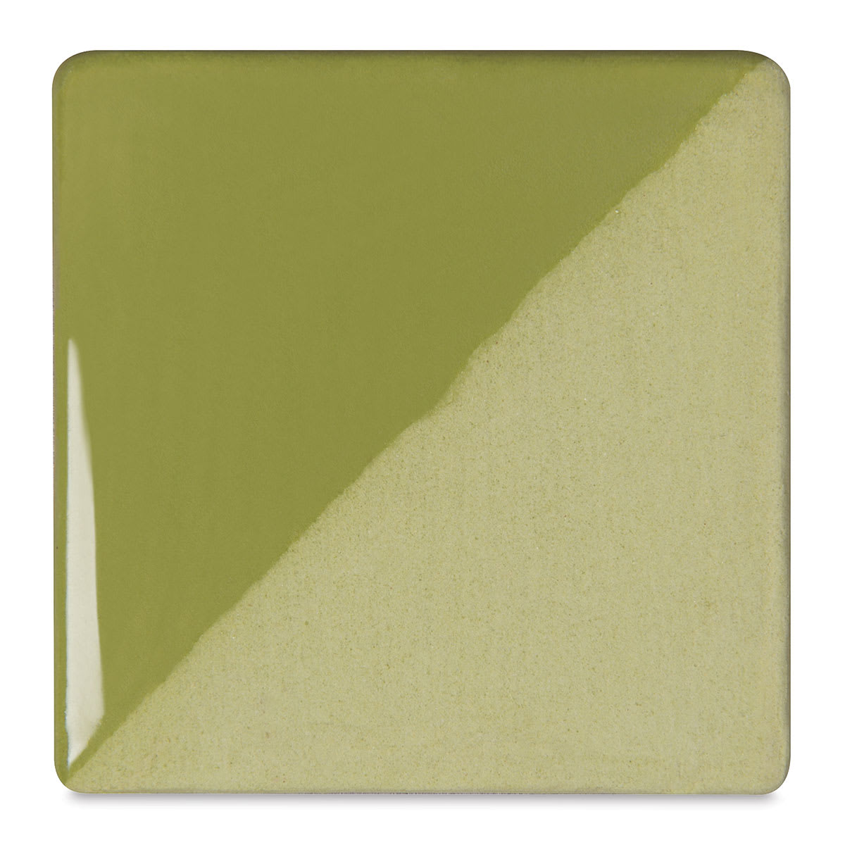 Speedball Ceramic Underglaze - Leaf Green, Opaque, fired on white clay bisque tiles, half covered in Speedball Clear Glaze, fired to cone 05