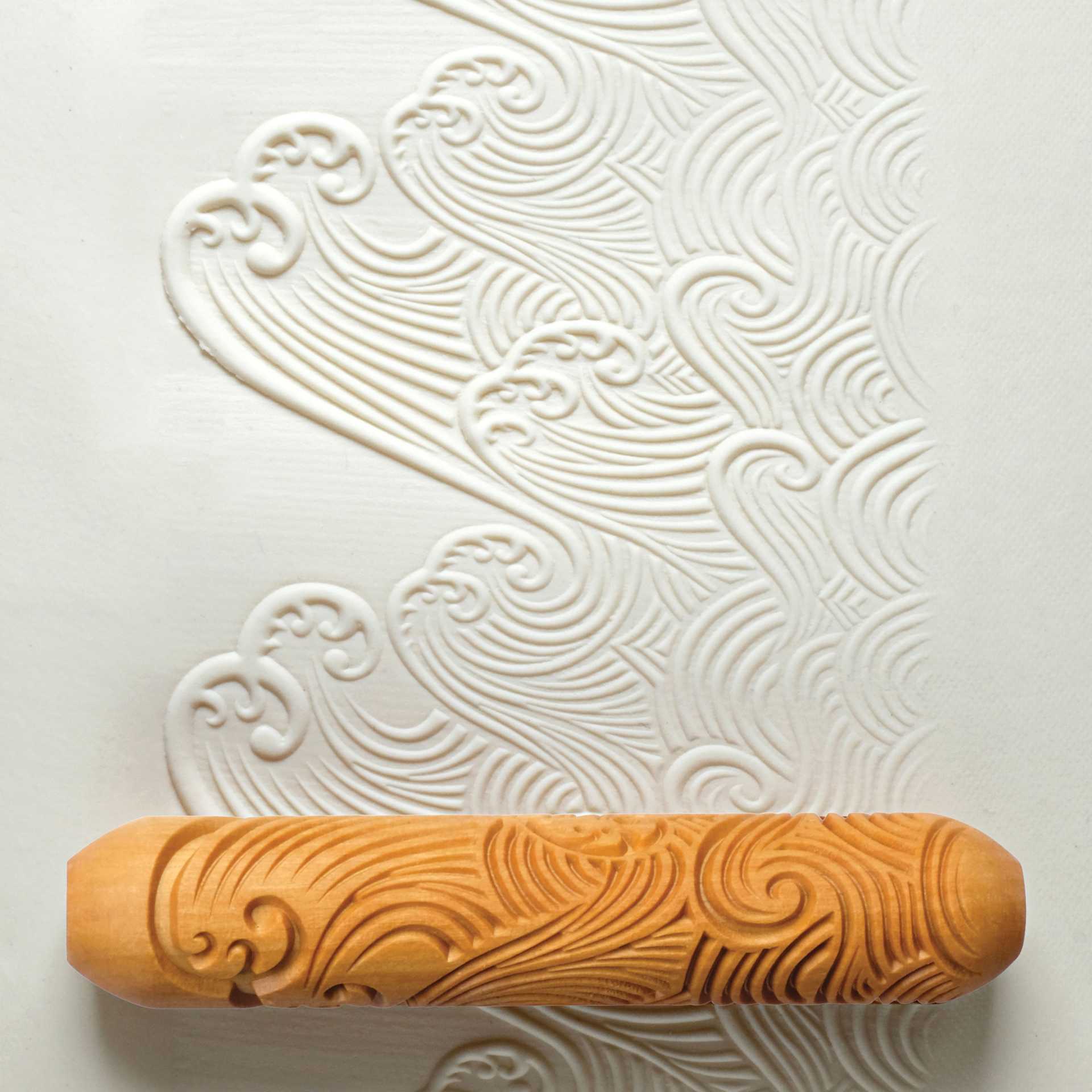 MKM Pottery Tools Big Hand Roller - North Shore Waves applied to clay