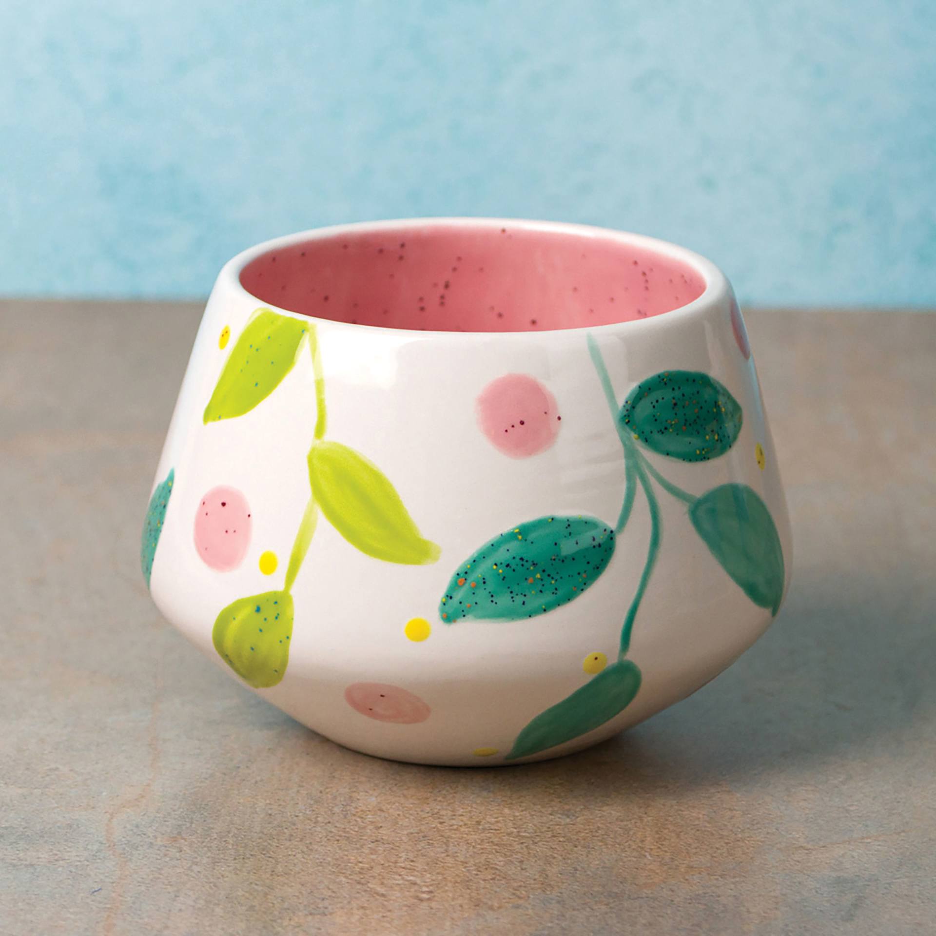 Mayco Earthenware Bisque Vases - Flora Vase, Pkg of 6 - finished example with leaf and dot pattern