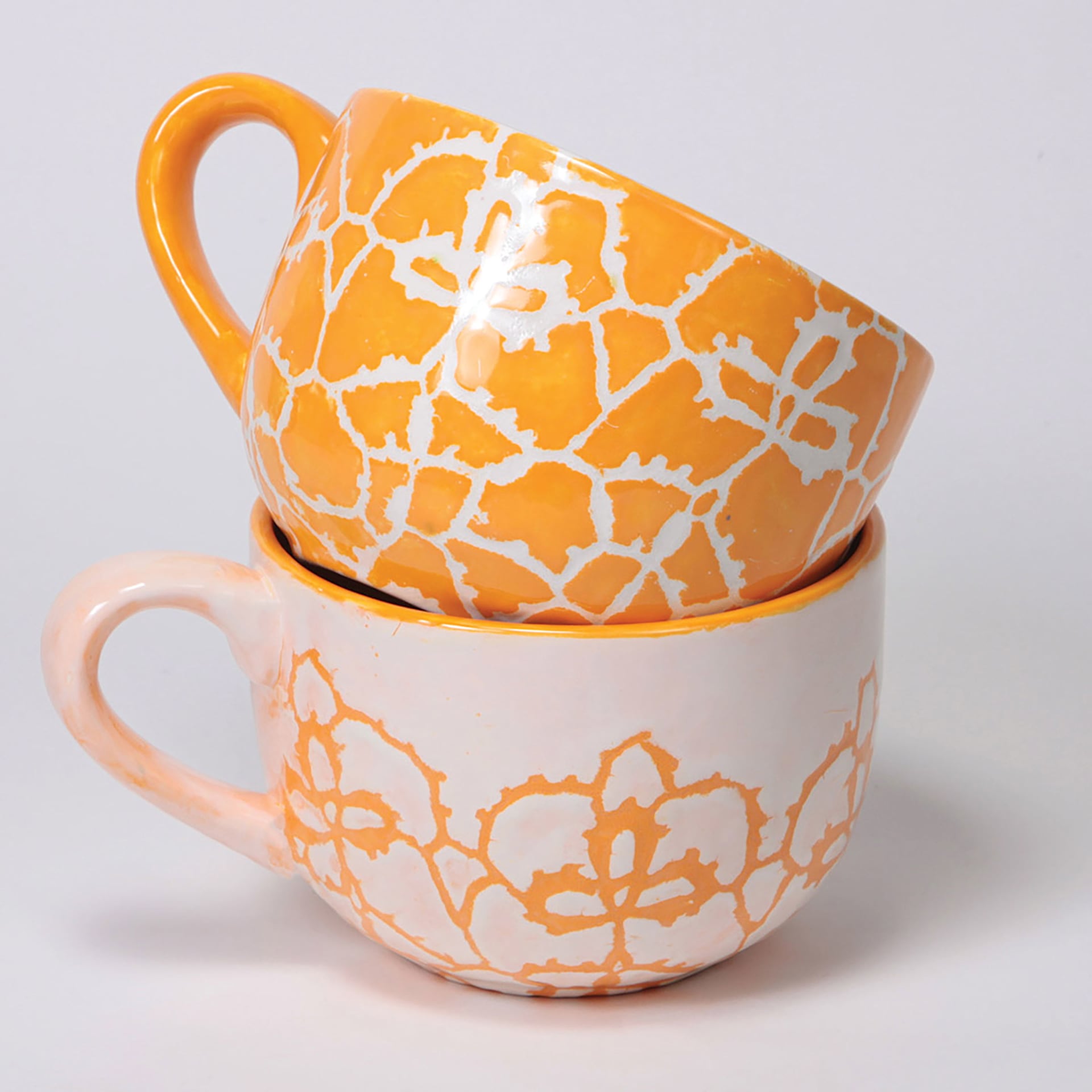 Mayco Earthenware Bisque Mugs - Pkg of 12, Jumbo Cappuccino finished products stacked