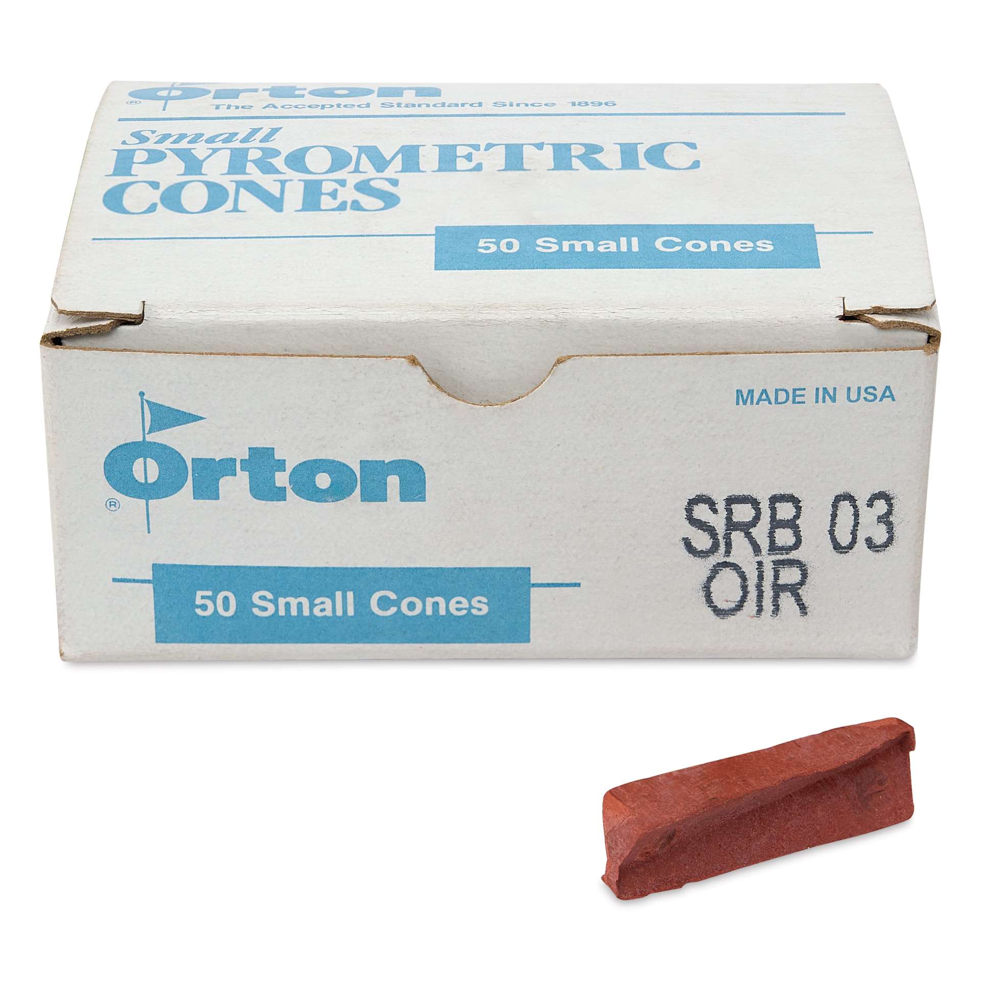 Orton Small Pyrometric Cones, Cone 03, Box of 50 - two cones shown in front of packaging