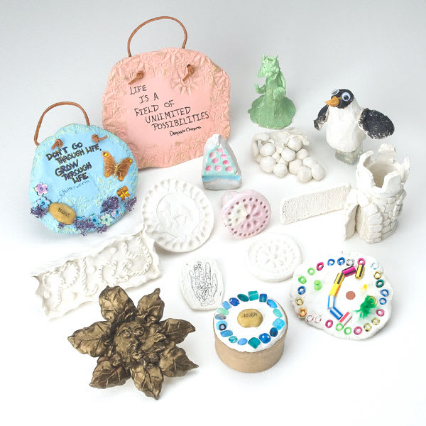 Crayola Air-Dry Clay (finished examples of plaques and figures)