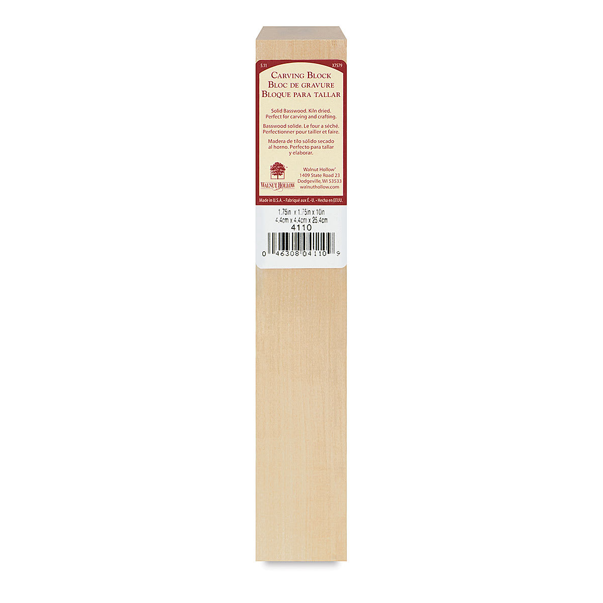 Walnut Hollow Basswood Carving Blocks - front of packaged 10" block shown upright