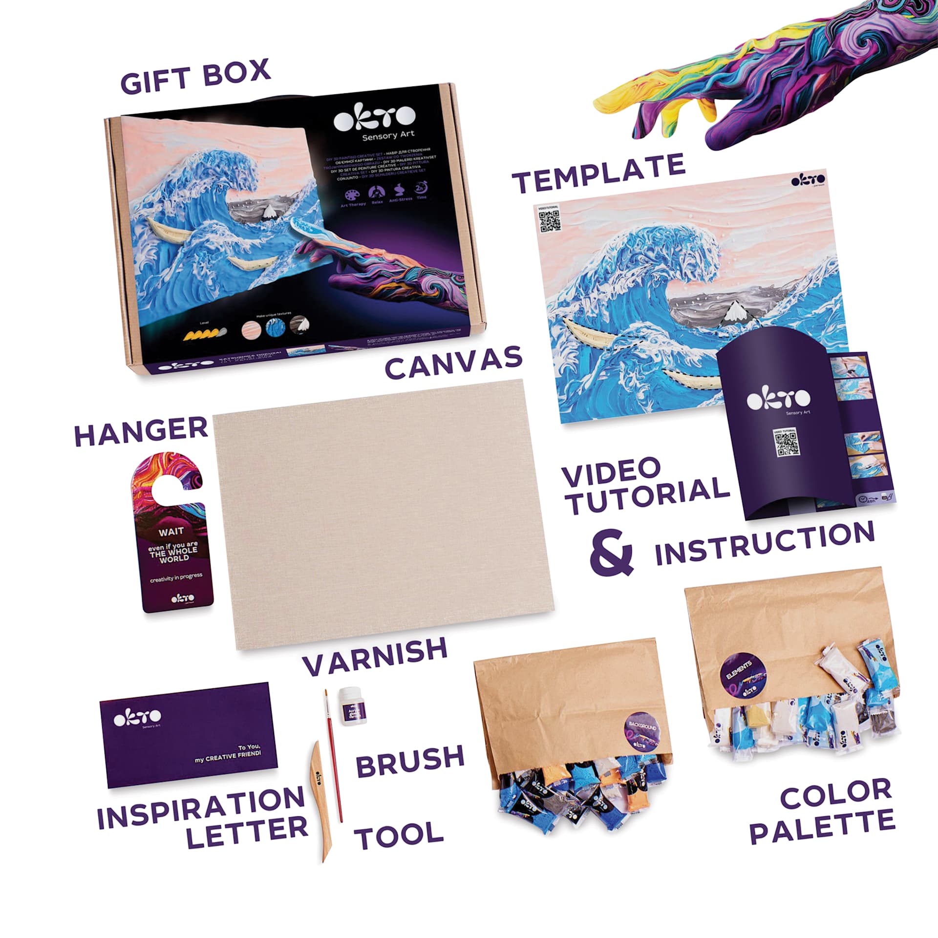 Okto Sensory Art DIY 3D Clay Painting Kit - Great Waves - labelled contents