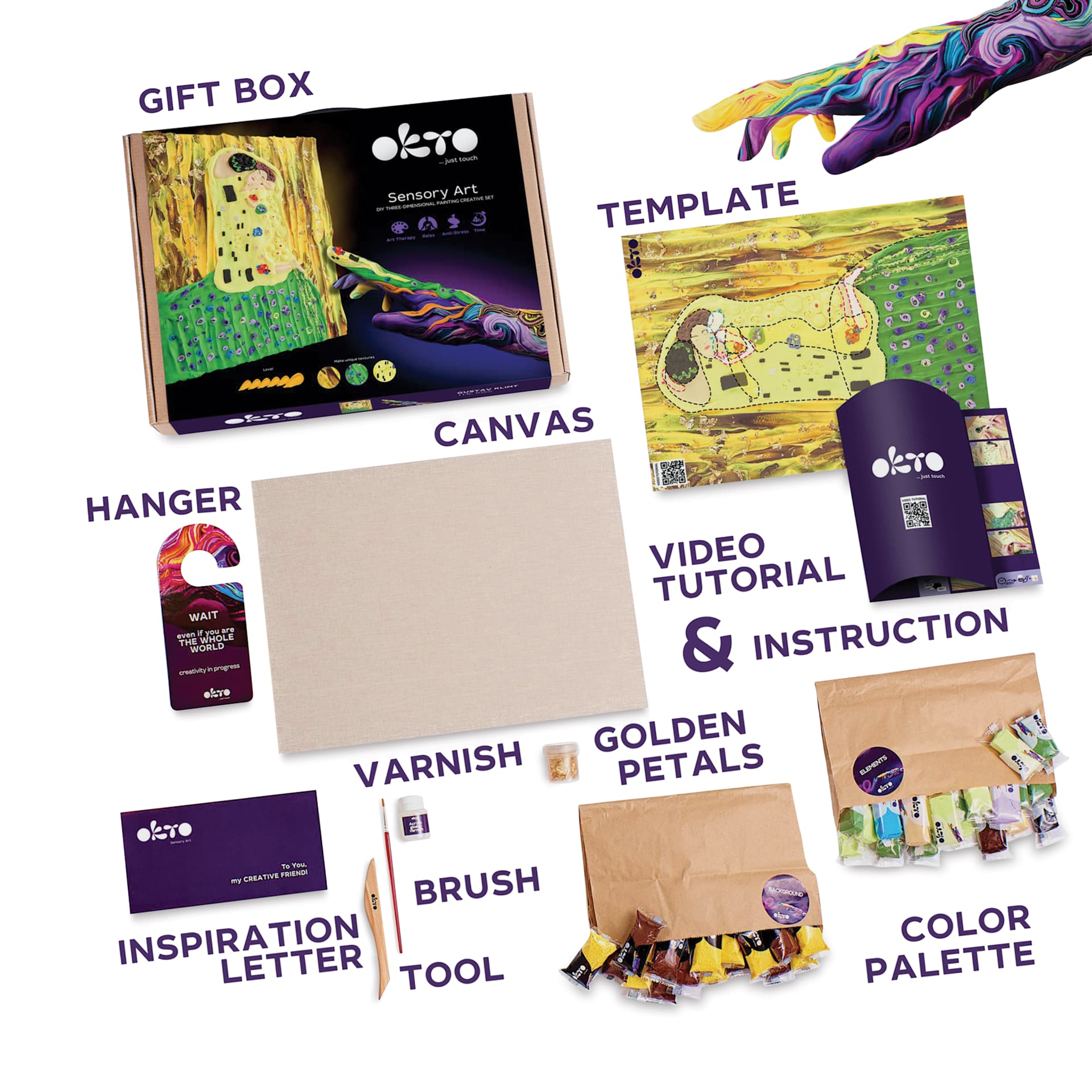 Okto Sensory Art DIY 3D Clay Painting Kit - The Kiss - labelled contents