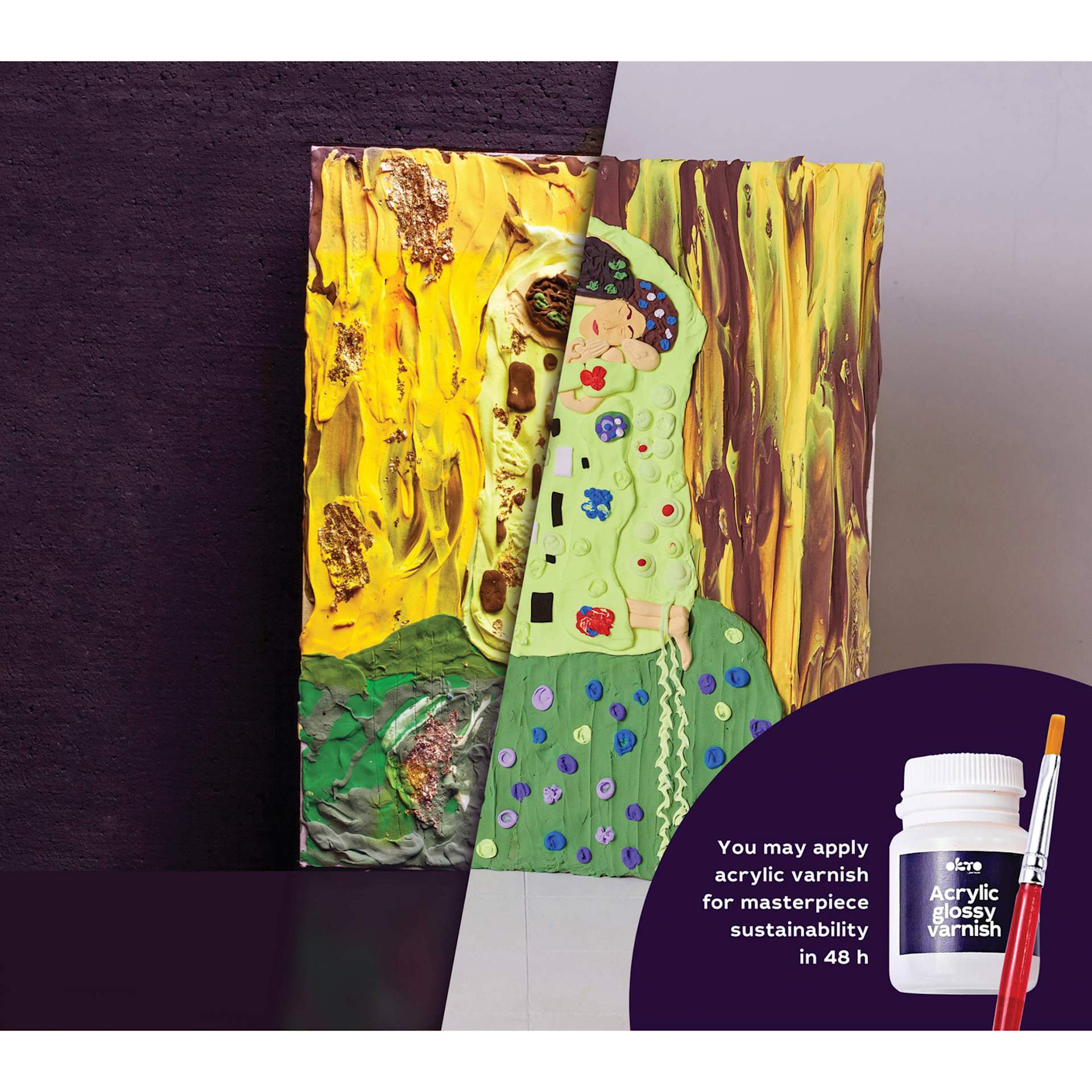 Okto Sensory Art DIY 3D Clay Painting Kit - The Kiss - finished example and acrylic varnish