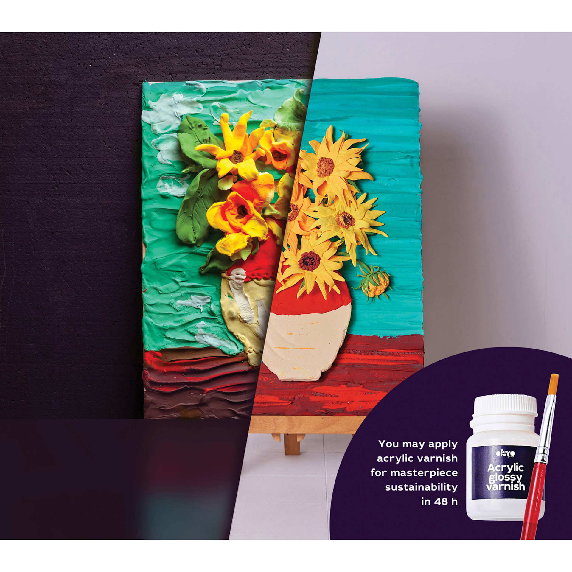Okto Sensory Art DIY 3D Clay Painting Kit - Sunflowers - finished example and acrylic varnish