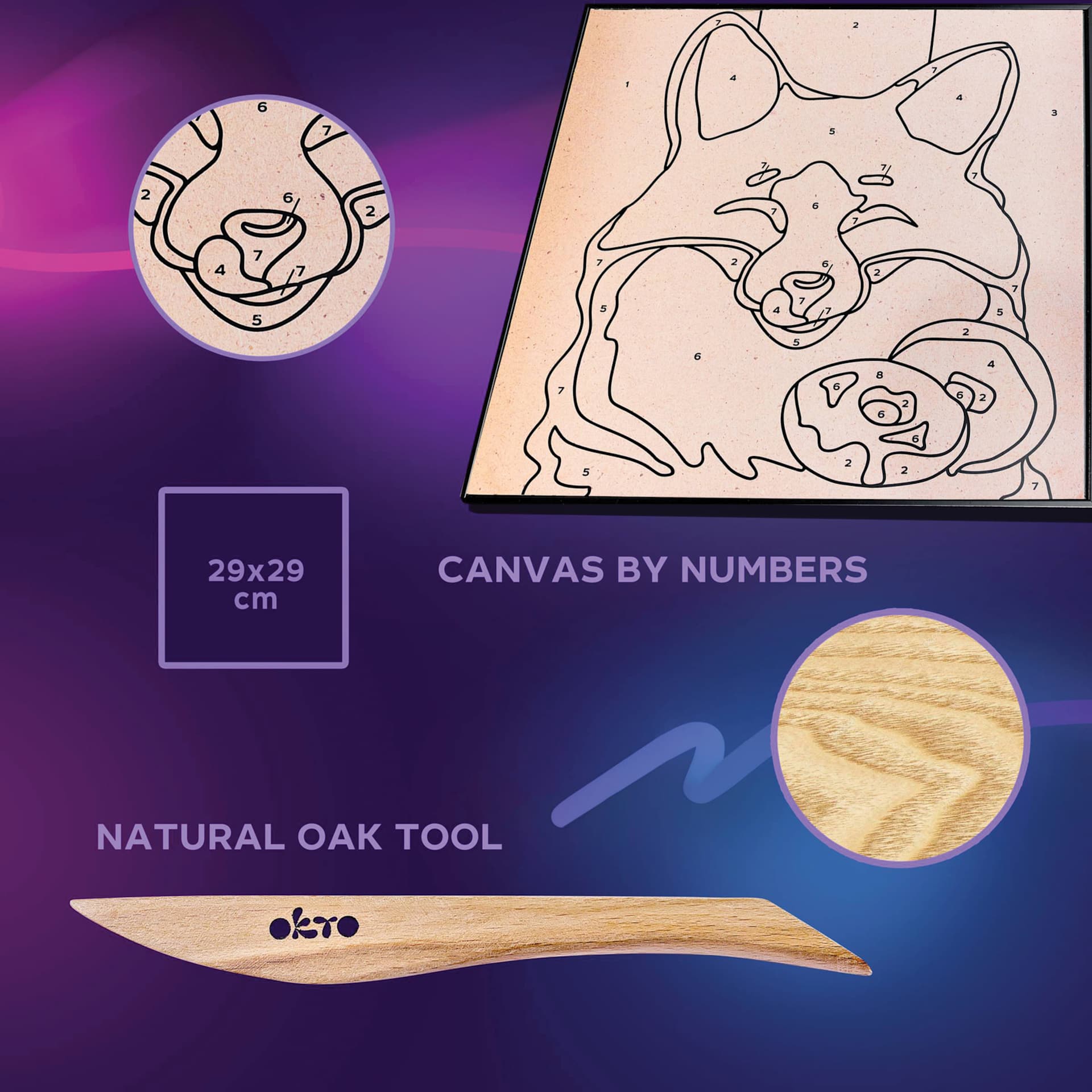 Okto Sensory Art Clay Color By Number Kit - Fox - canvas by numbers and natural oak tool